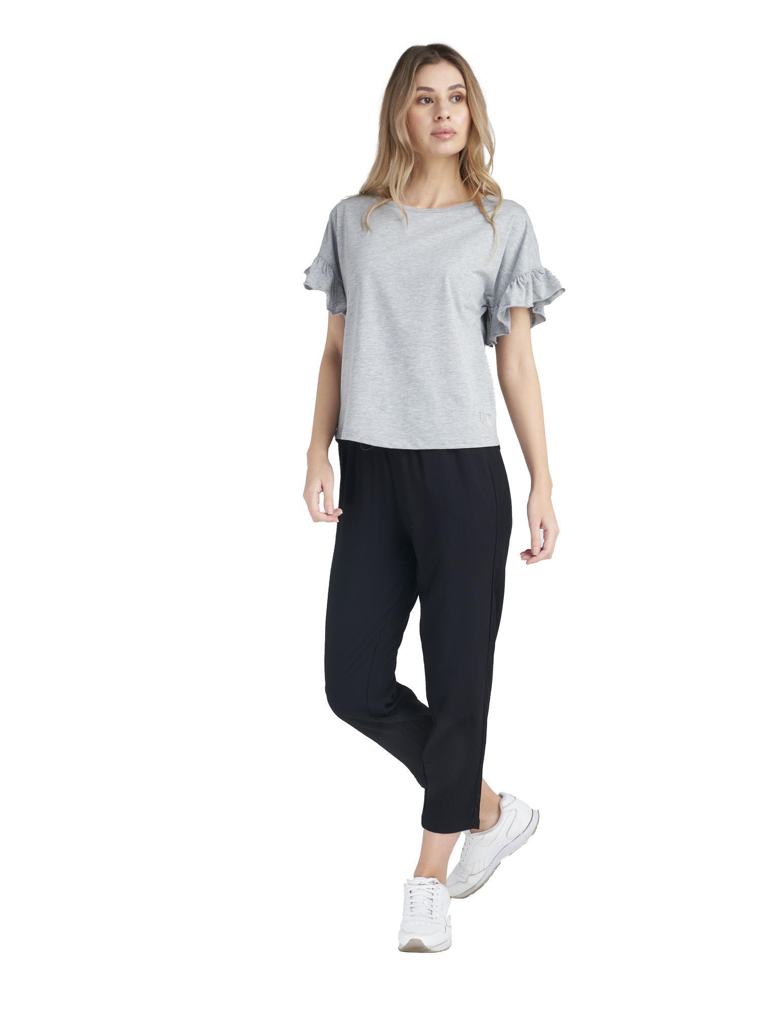 Camiseta de mujer brillante de manga corta con volantes 3/8