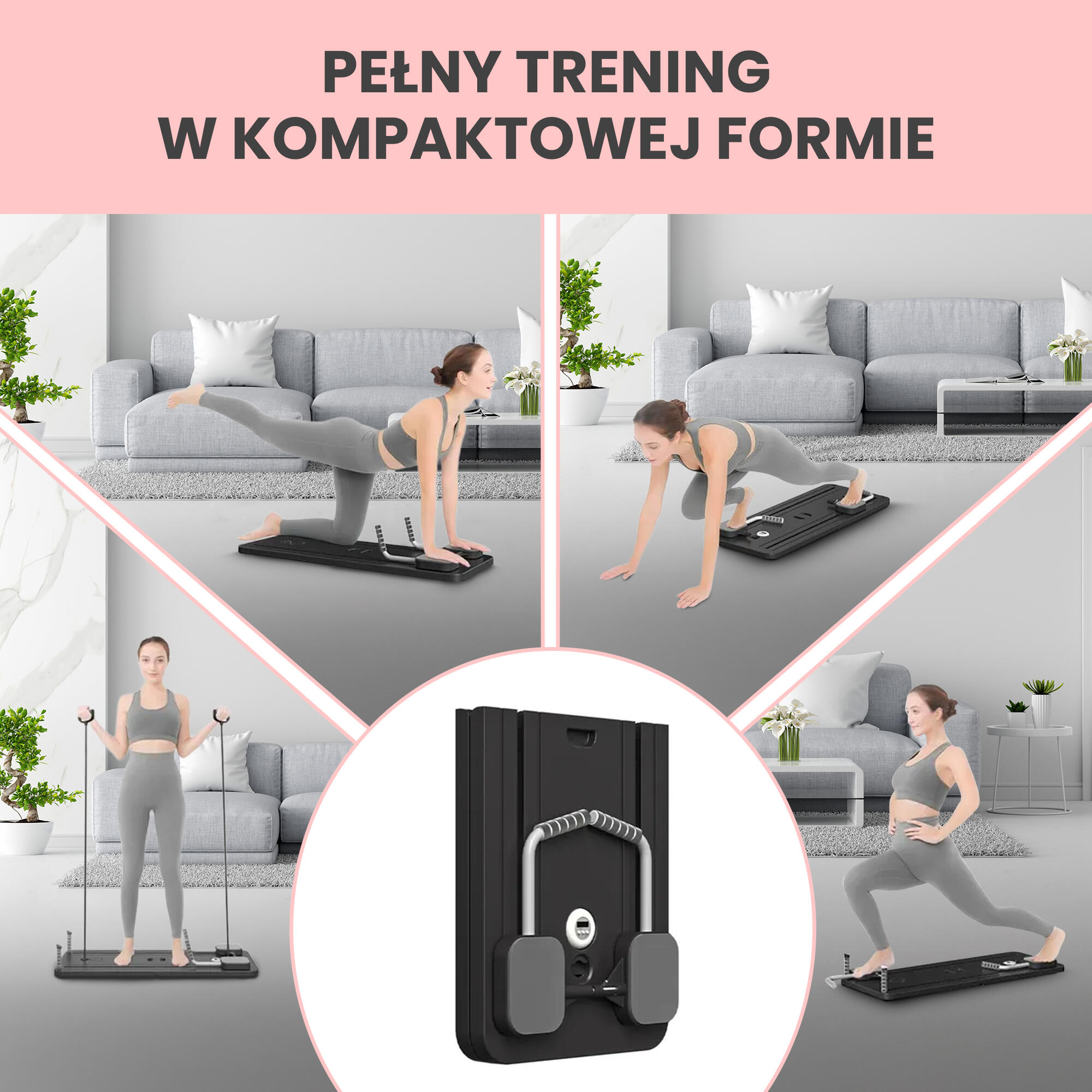 Deska do pilatesu reformer do ćwiczeń brzucha pompki 9w1 zestaw treningowy PINK 2/7