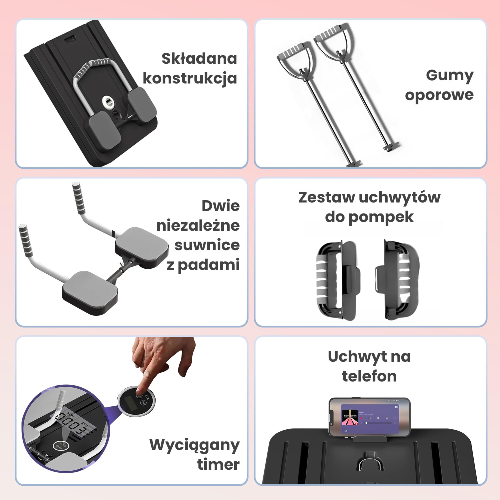 Deska do pilatesu reformer do ćwiczeń brzucha pompki 9w1 zestaw treningowy PINK 7/7
