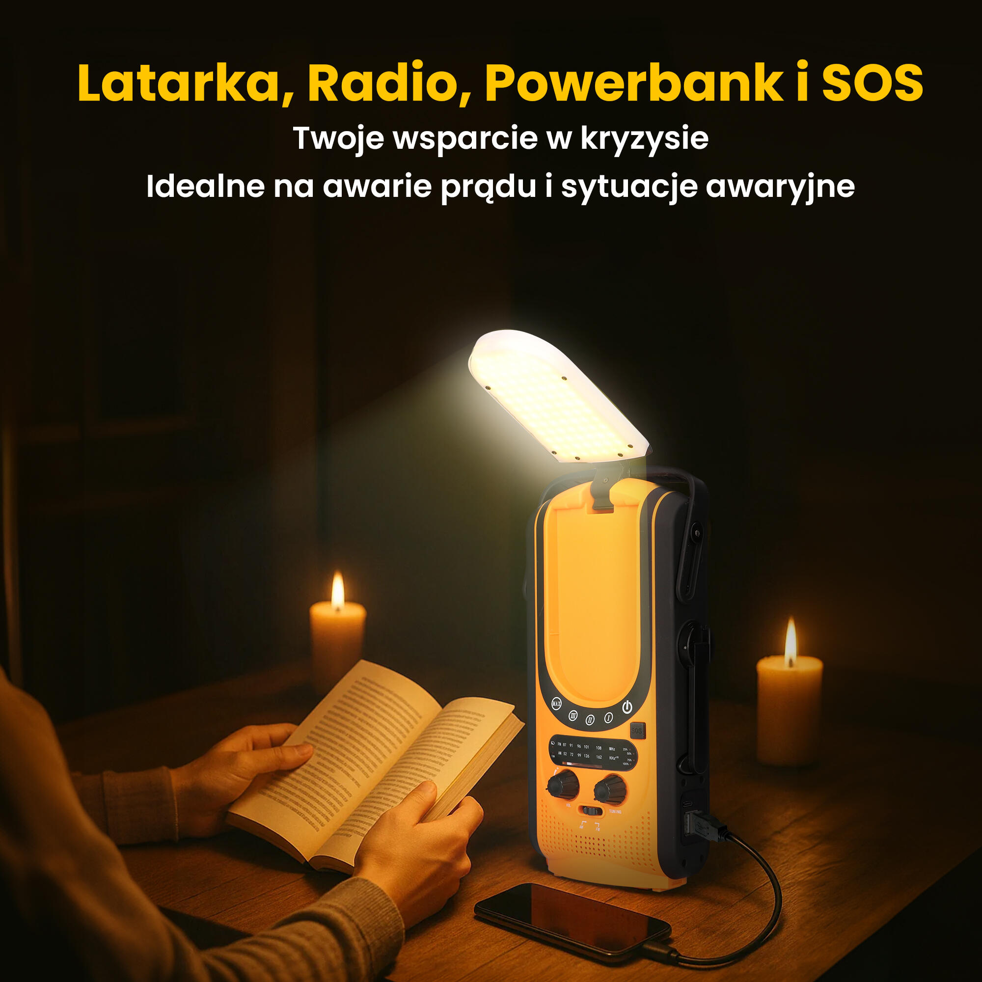 Radio awaryjne solarne z korbką | dynamo powerbank 6000mAh z latarką SOS 3/7