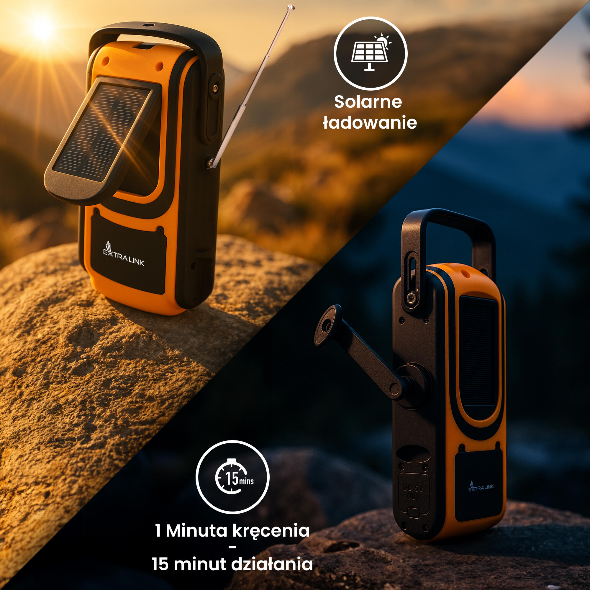 Radio awaryjne solarne z korbką | dynamo powerbank 6000mAh z latarką SOS 2/7