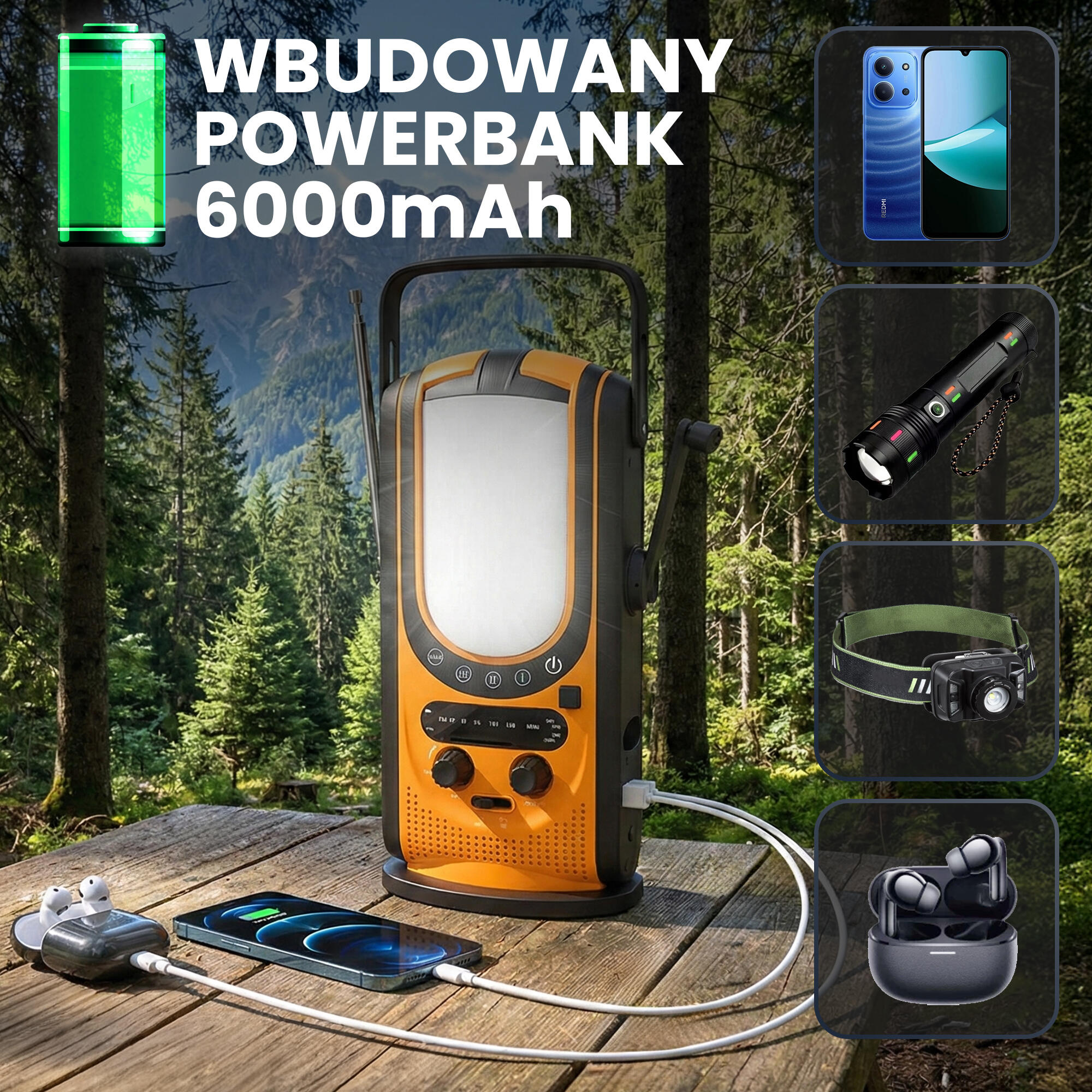 Radio awaryjne solarne z korbką | dynamo powerbank 6000mAh z latarką SOS 6/7