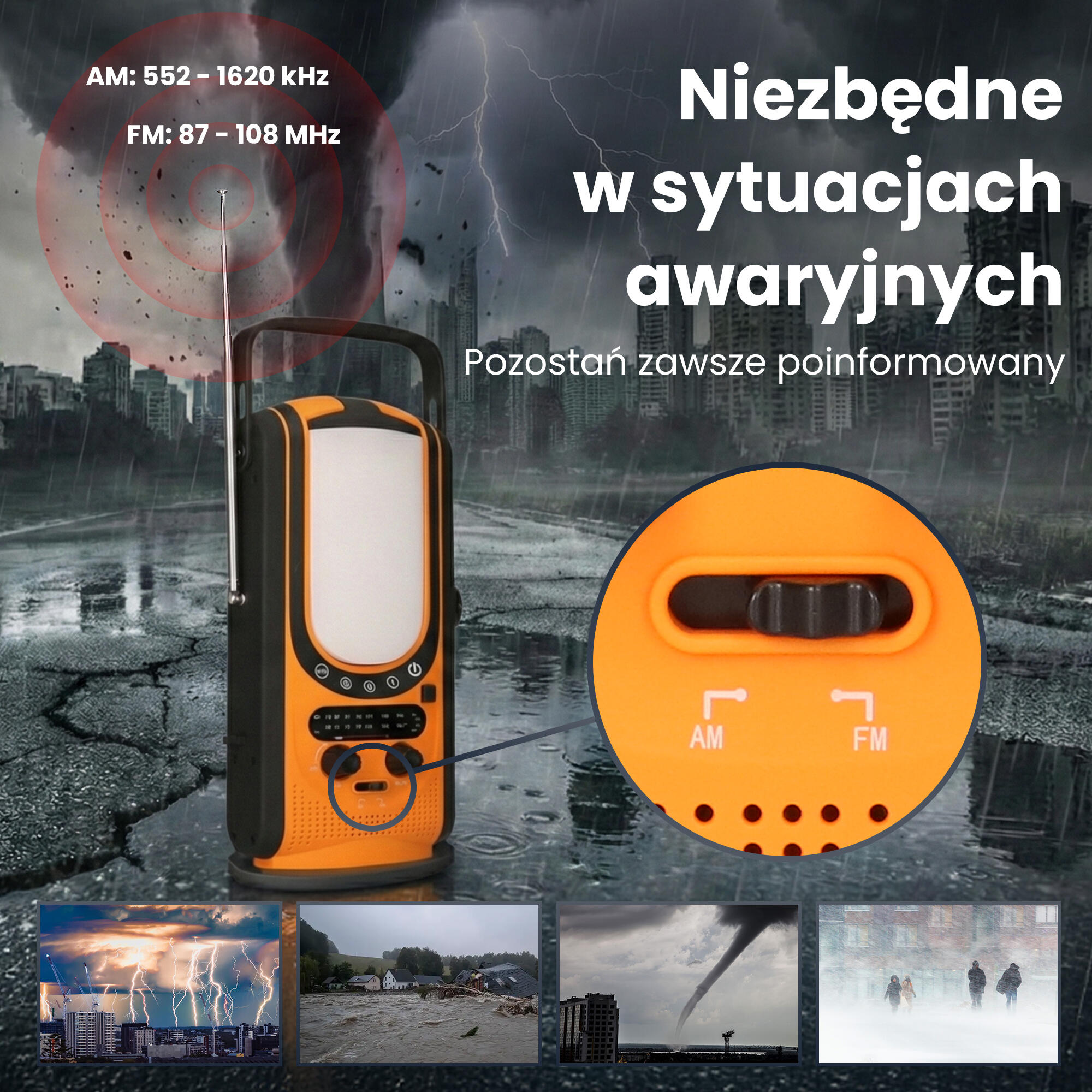 Radio awaryjne solarne z korbką | dynamo powerbank 6000mAh z latarką SOS 5/7