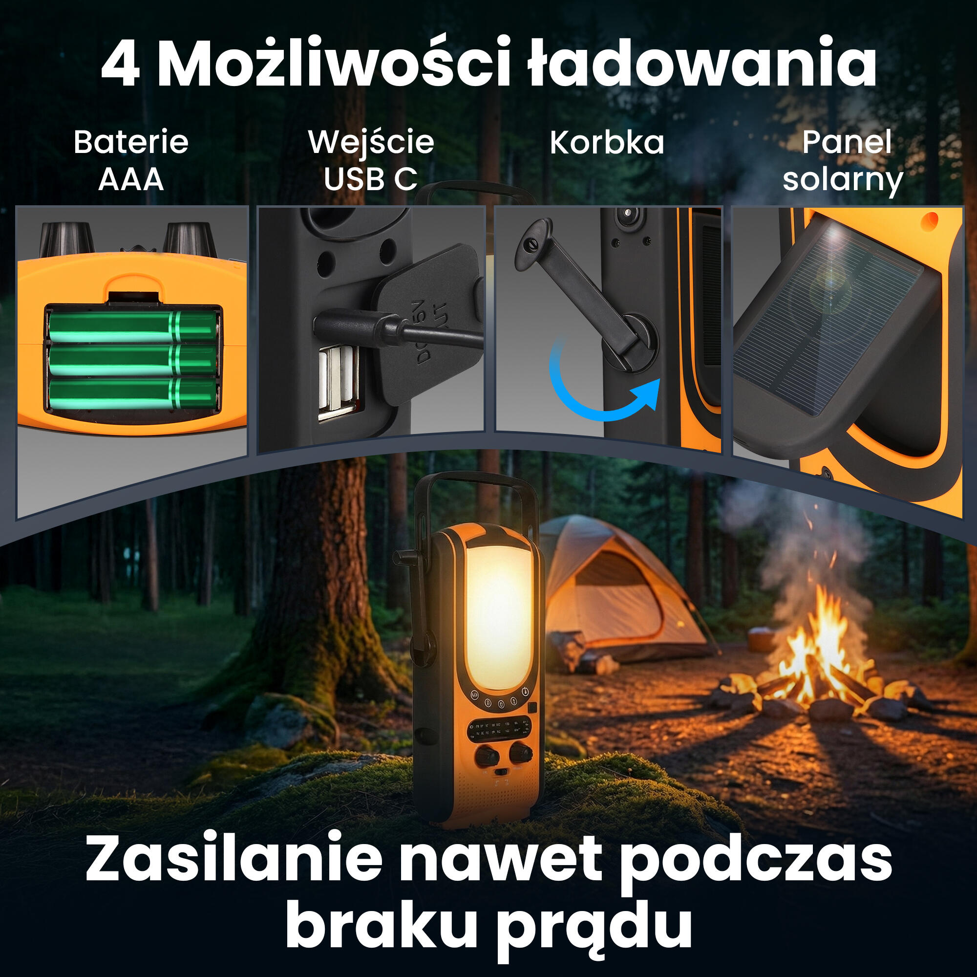 Radio awaryjne solarne z korbką | dynamo powerbank 6000mAh z latarką SOS 4/7