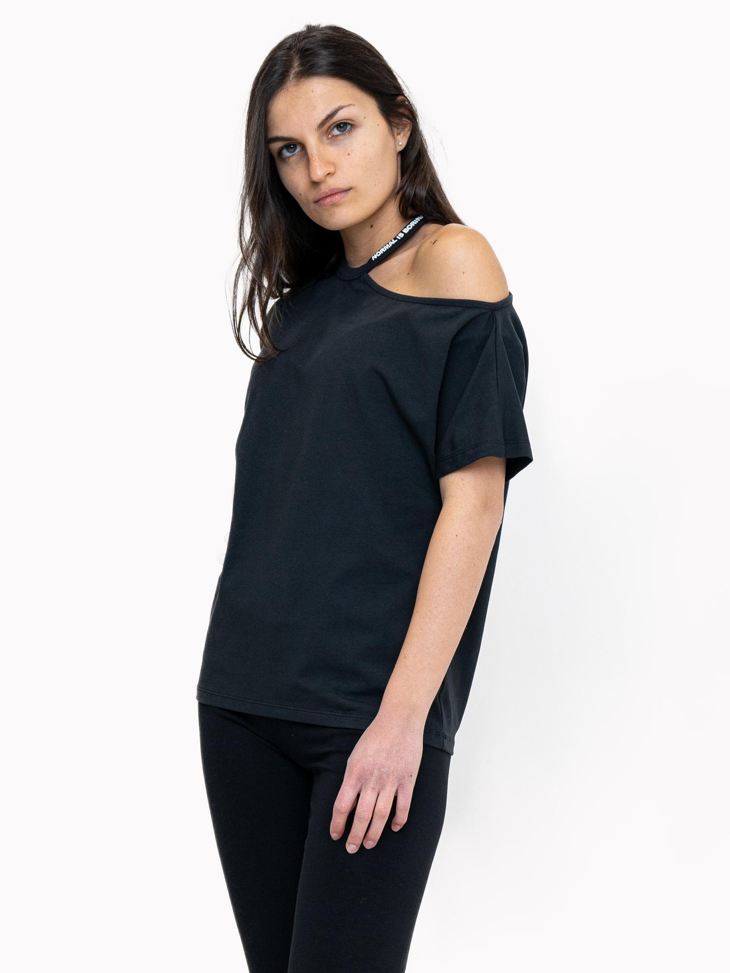 Camiseta de mujer blanca y negra de un solo hombro 3/6