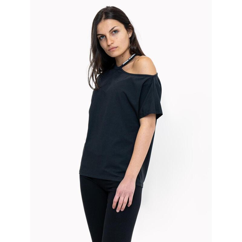 Tricou cu un singur umăr pentru femei, alb-negru