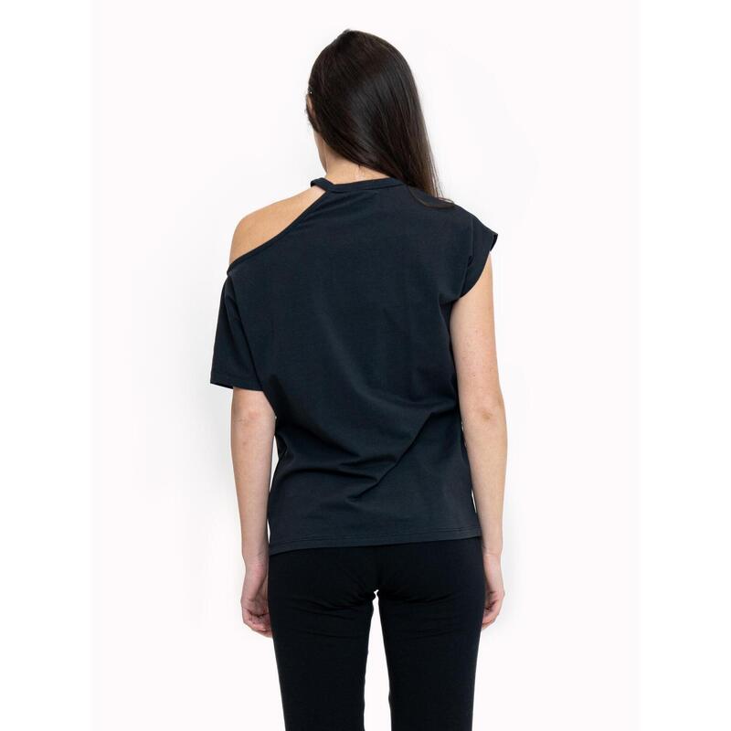 Tricou cu un singur umăr pentru femei, alb-negru