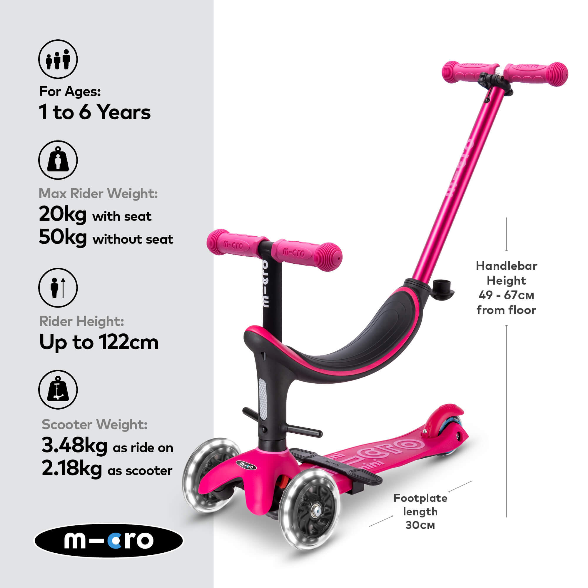 Patinete Infantil Mini Micro 4en1 Deluxe LED Rosa 3/7
