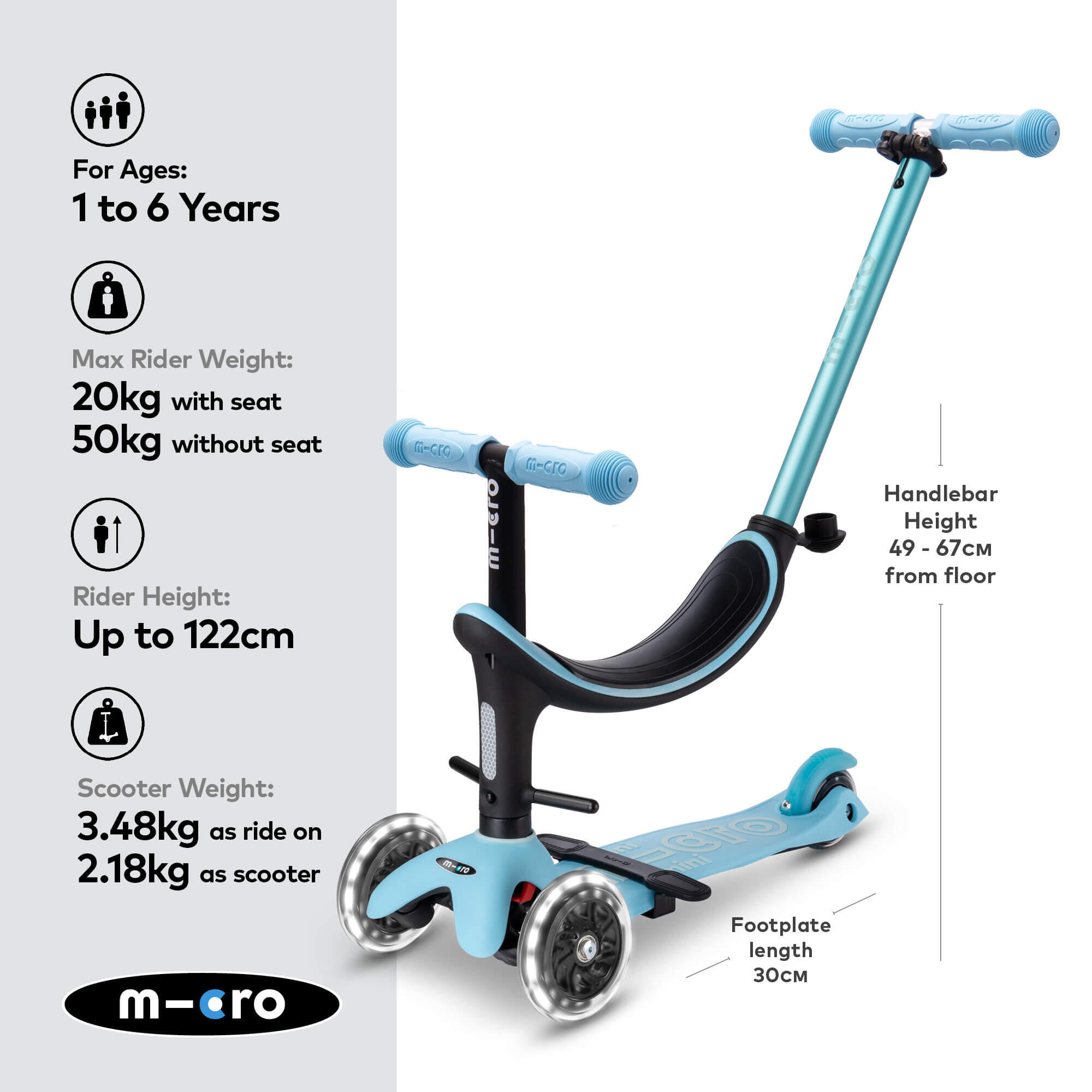 Patinete Infantil Mini Micro 4en1 Deluxe LED Azul 3/7