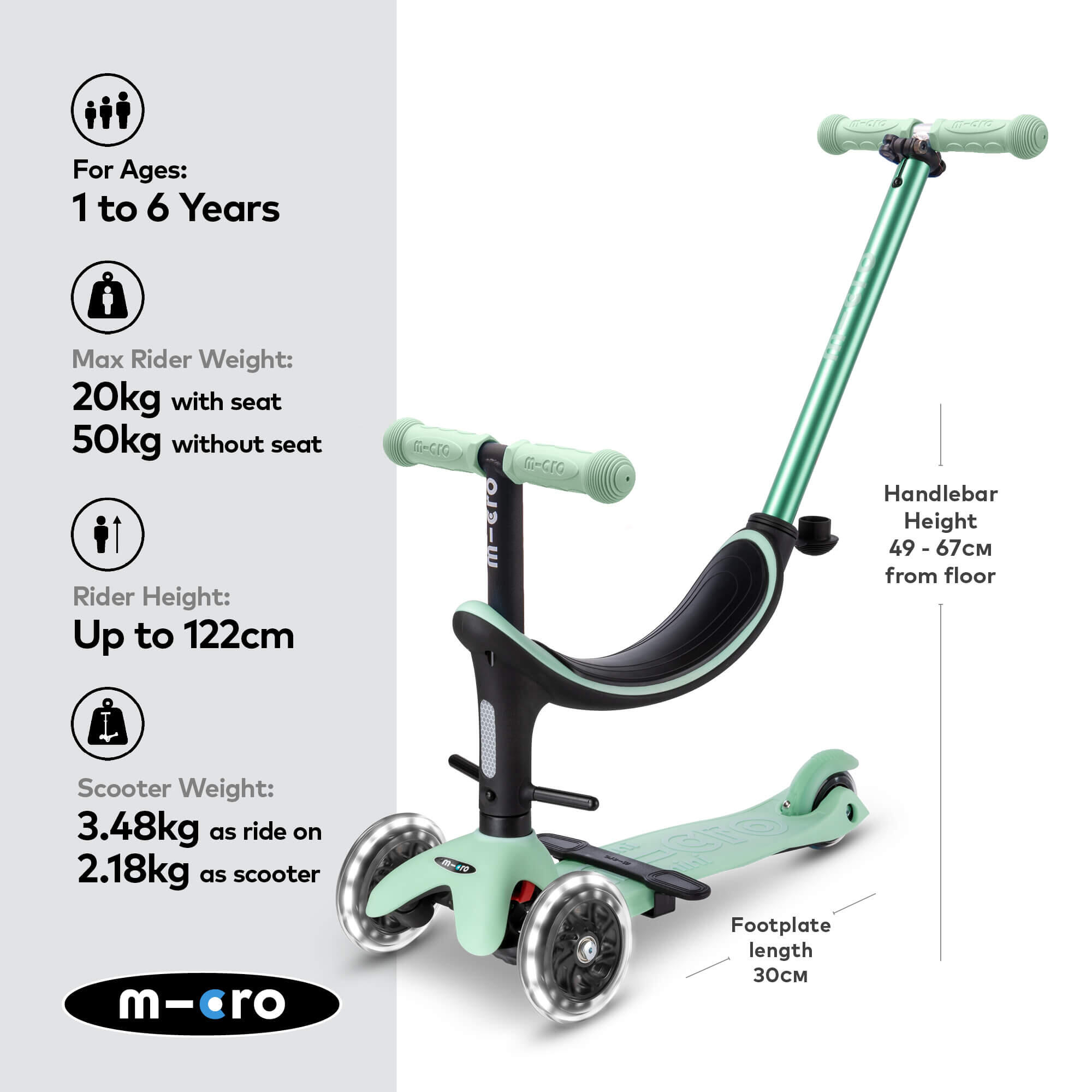 Patinete Infantil Mini Micro 4en1 Deluxe LED Menta 3/7