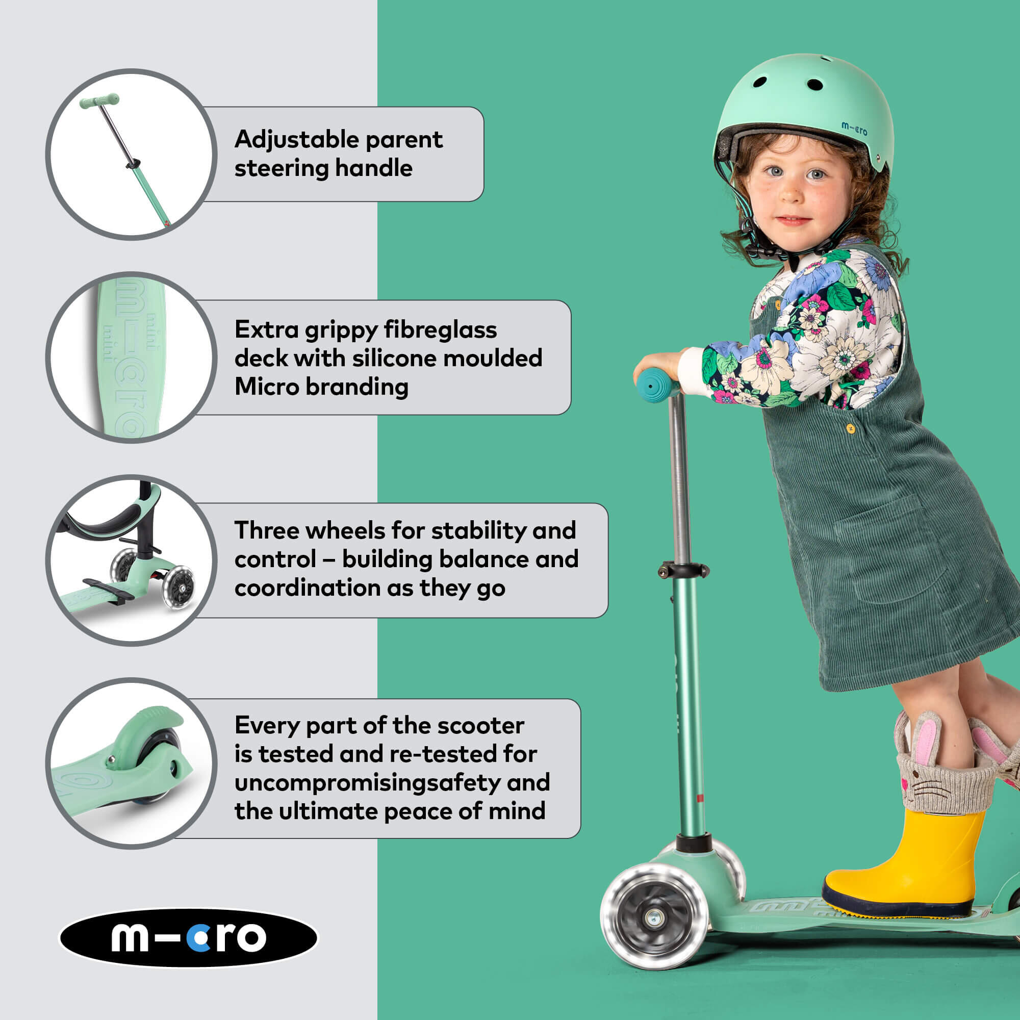 Patinete Infantil Mini Micro 4en1 Deluxe LED Menta 6/7