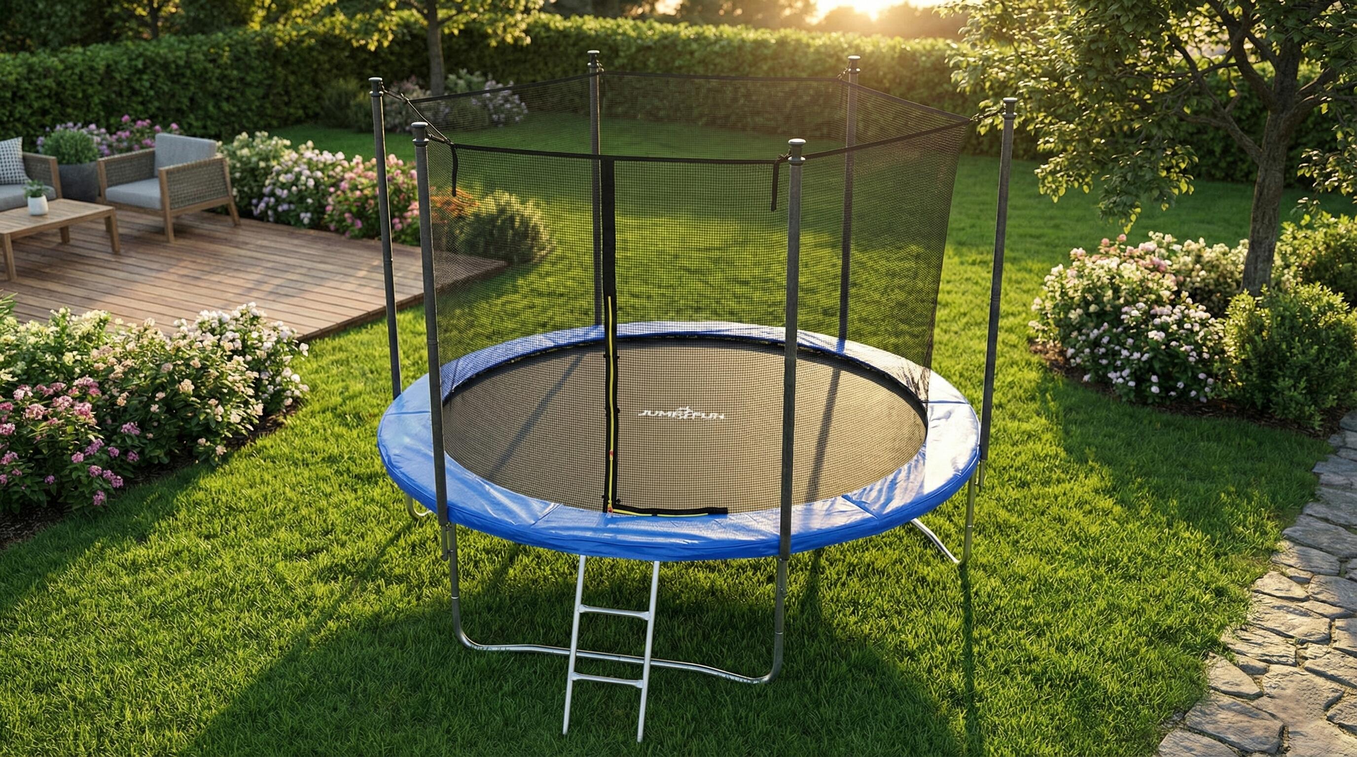 Trampoline van 244 cm met blauwe veiligheidsmat, ladder en veiligheidsnet 3/7