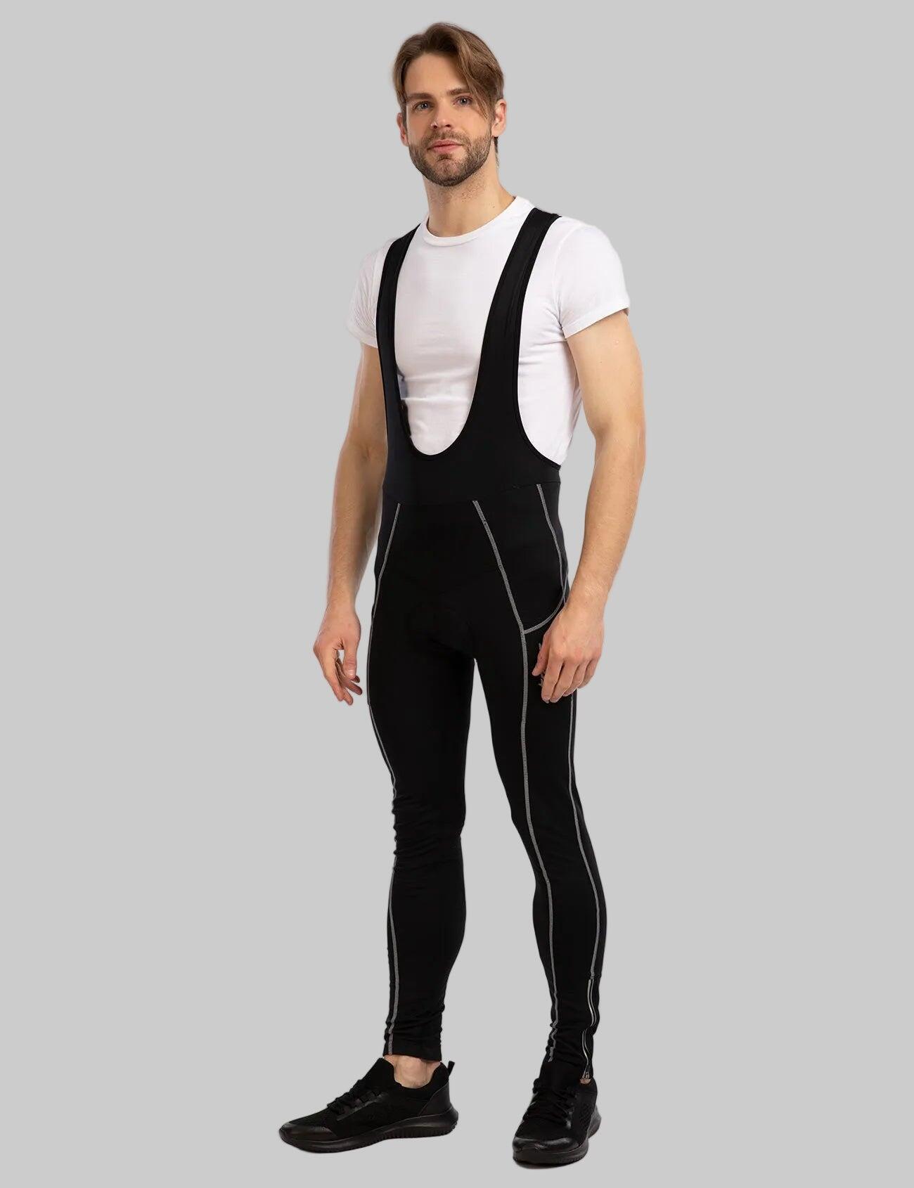 Herren Thermal Fahrradhose Lang Trägerhose Pro Schwarz - Silber