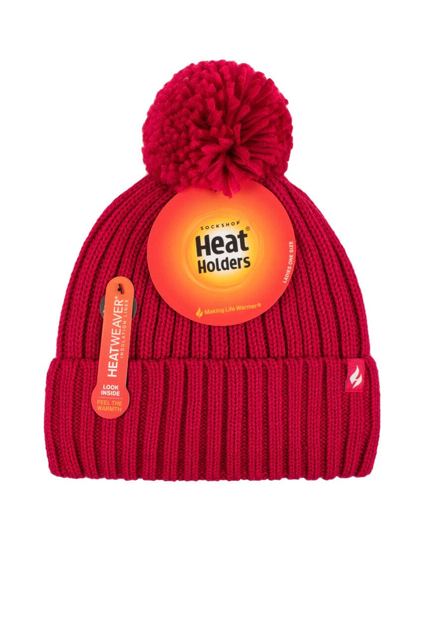 HEAT HOLDERS Arden Ribbed Hat Turnover Thermal Beanie & Pom Pom -Womens