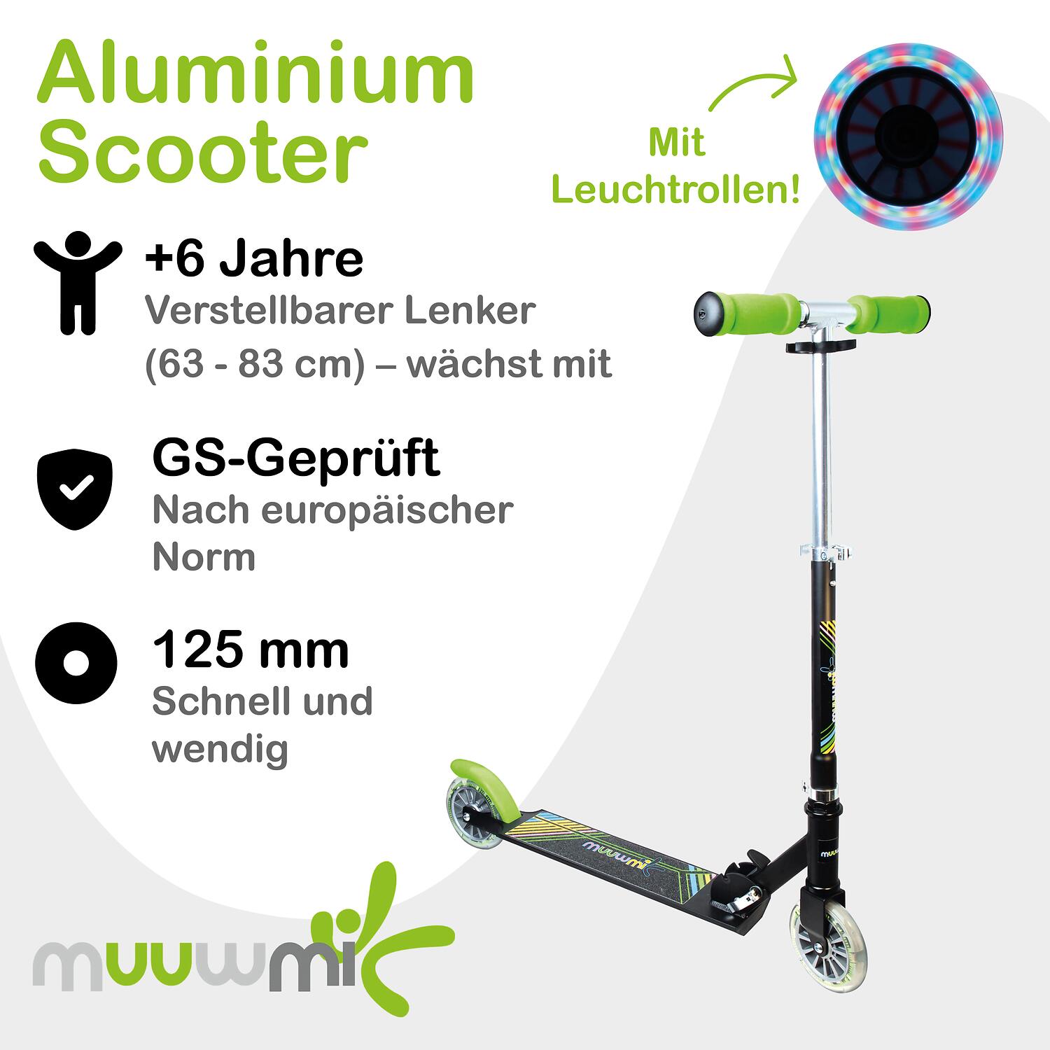 muuwmi Aluminium Scooter Neon 125 mm, mit Leuchtrollen 2/7