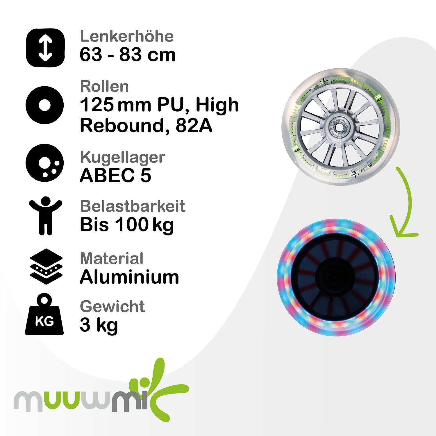 muuwmi Aluminium Scooter Neon 125 mm, mit Leuchtrollen 5/7