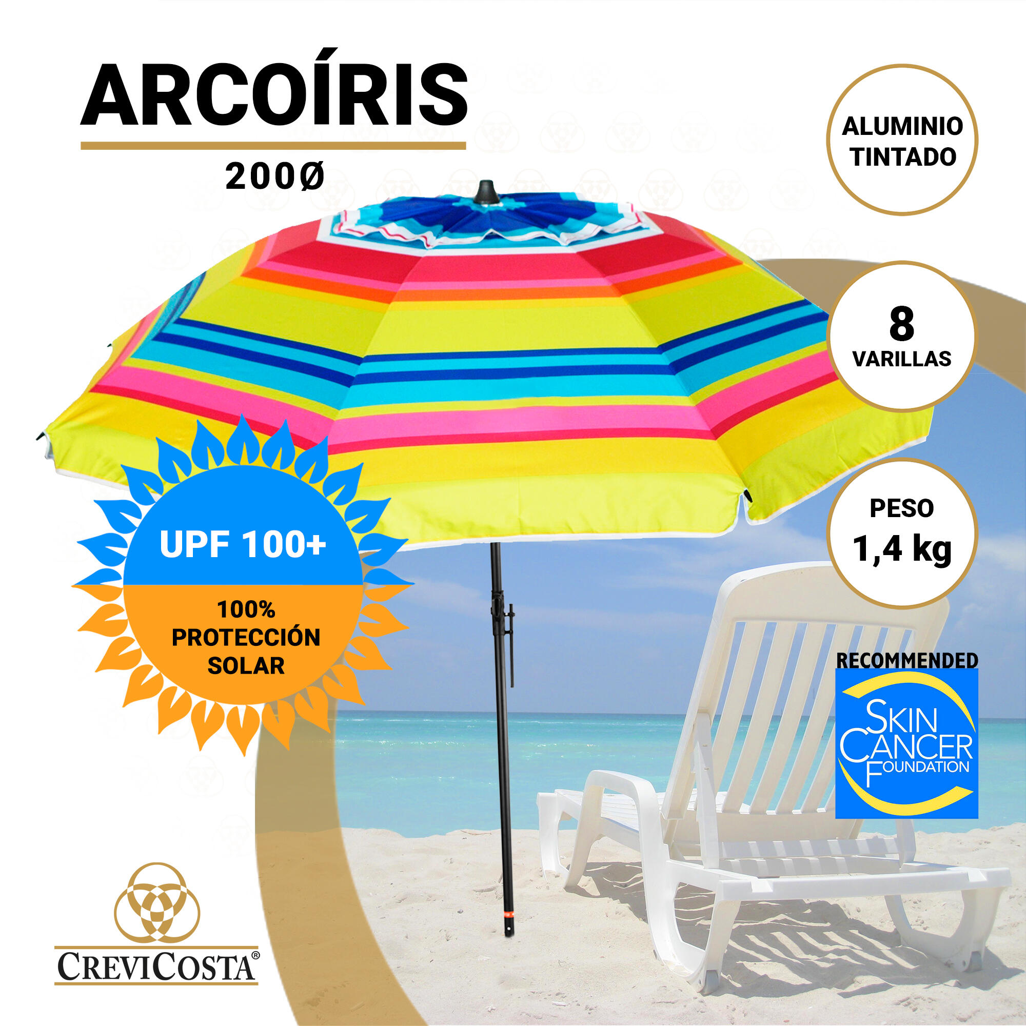 Sombrilla Playa 200 cm/8 Varillas - CREVICOSTA Arcoíris 2/7