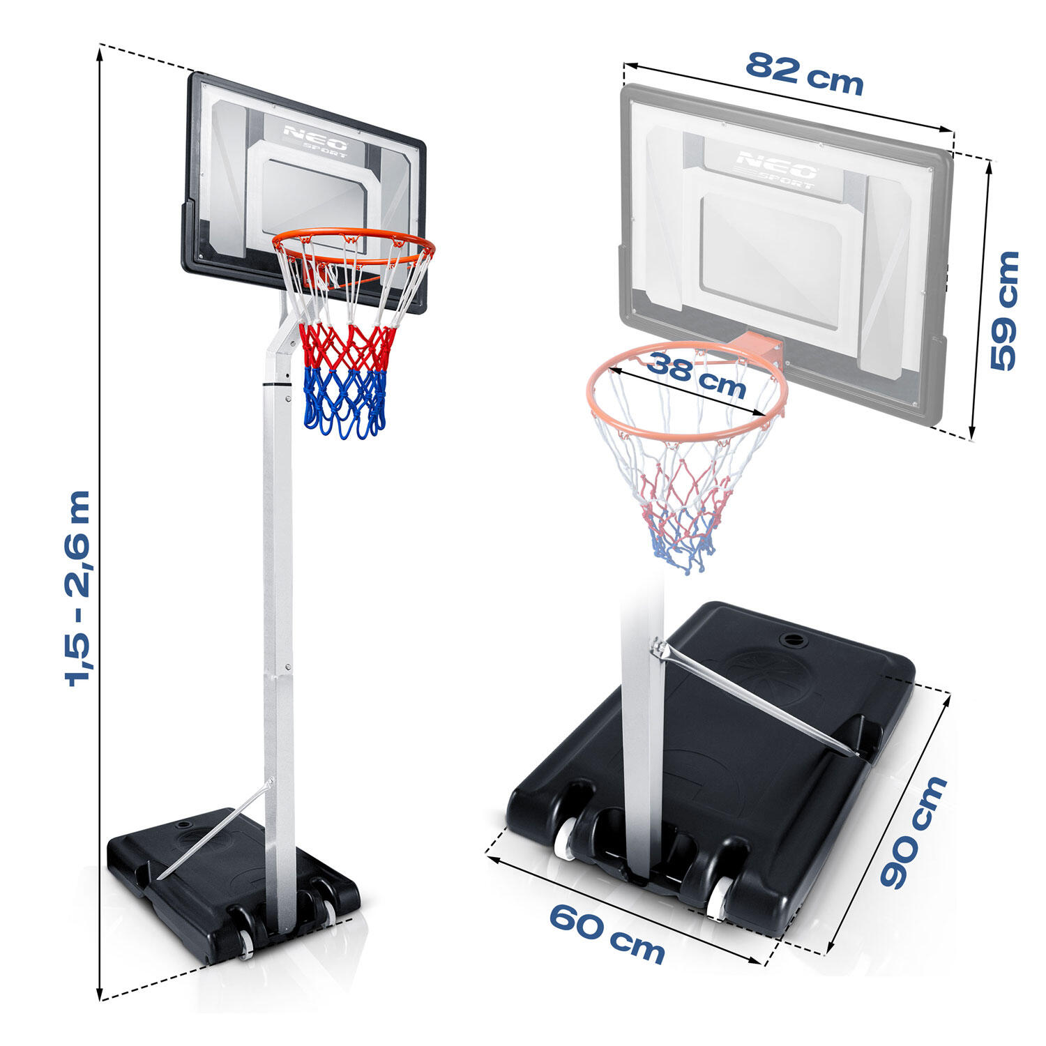 Kosz do koszykówki Neo-sport NS-281 regulowany 150-260 cm wolnostojący mobilny 7/7