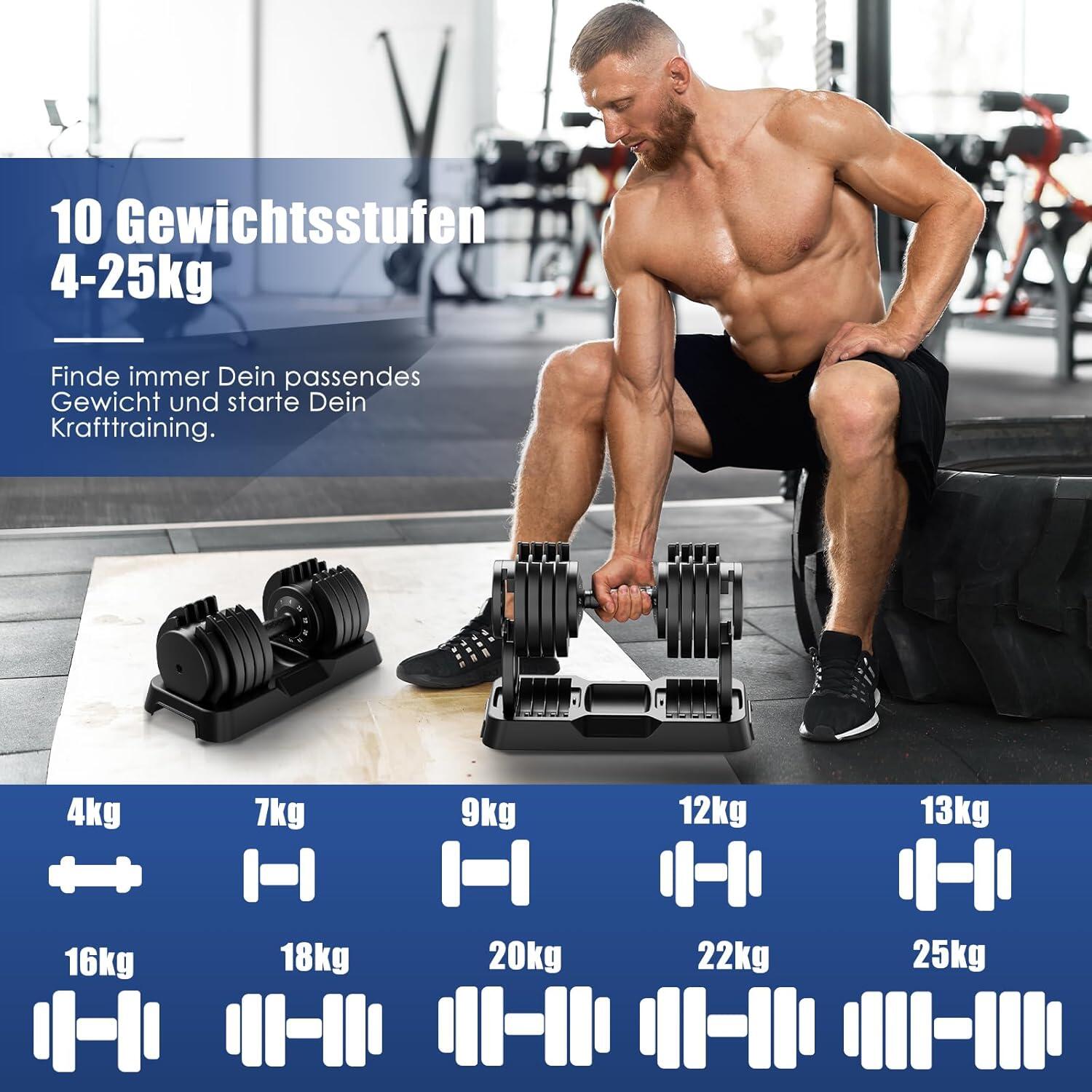 DH FitLife 25 kg verstellbare Hanteln 4 bis 25 kg mit 10 Gewichtsstufen 3/6