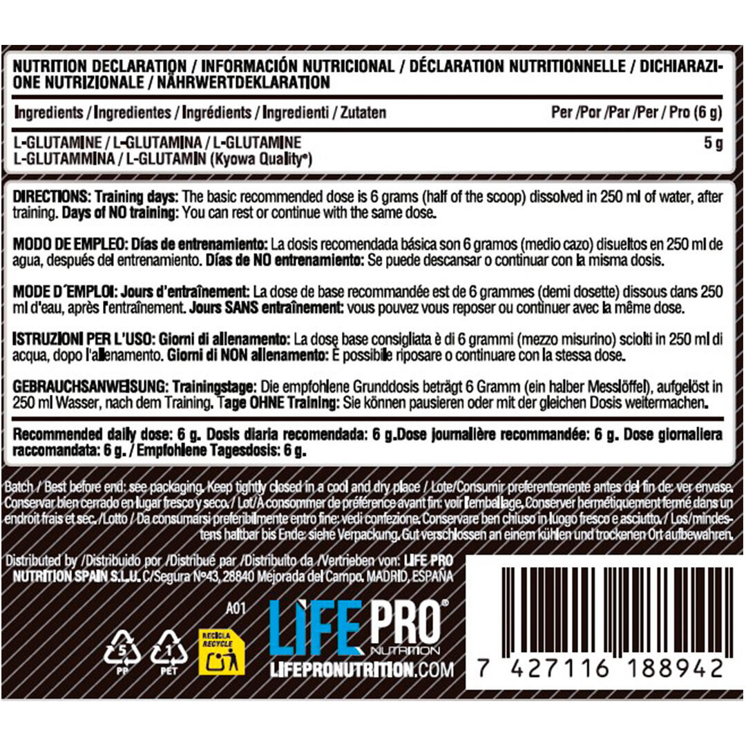 LifePRO Glutamine poskytuje vysoce čistý L-glutamin, ideální aminokyselinu pro p 4/6
