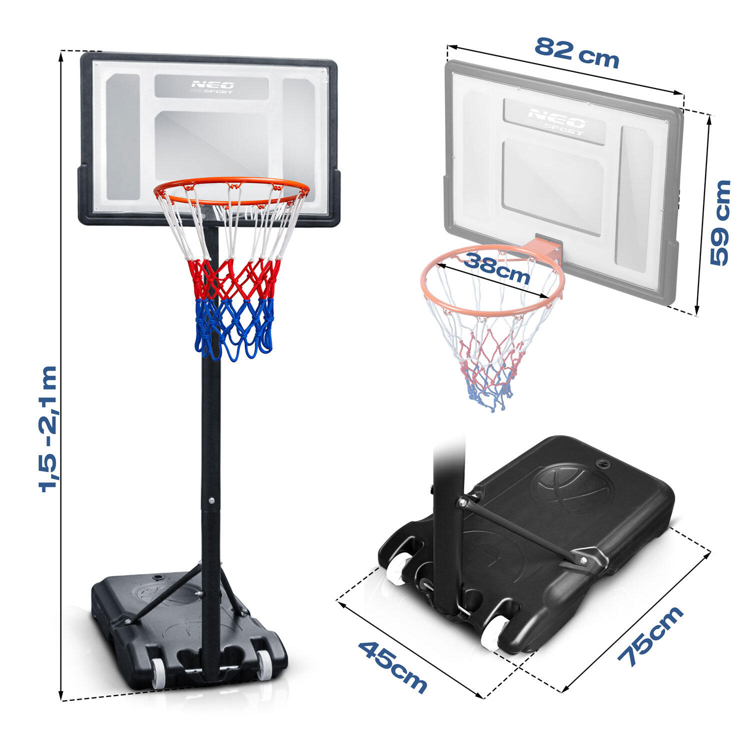 Kosz do koszykówki Neo-sport NS-280 regulowany 150-210 cm stabilny wolnostojący 7/7