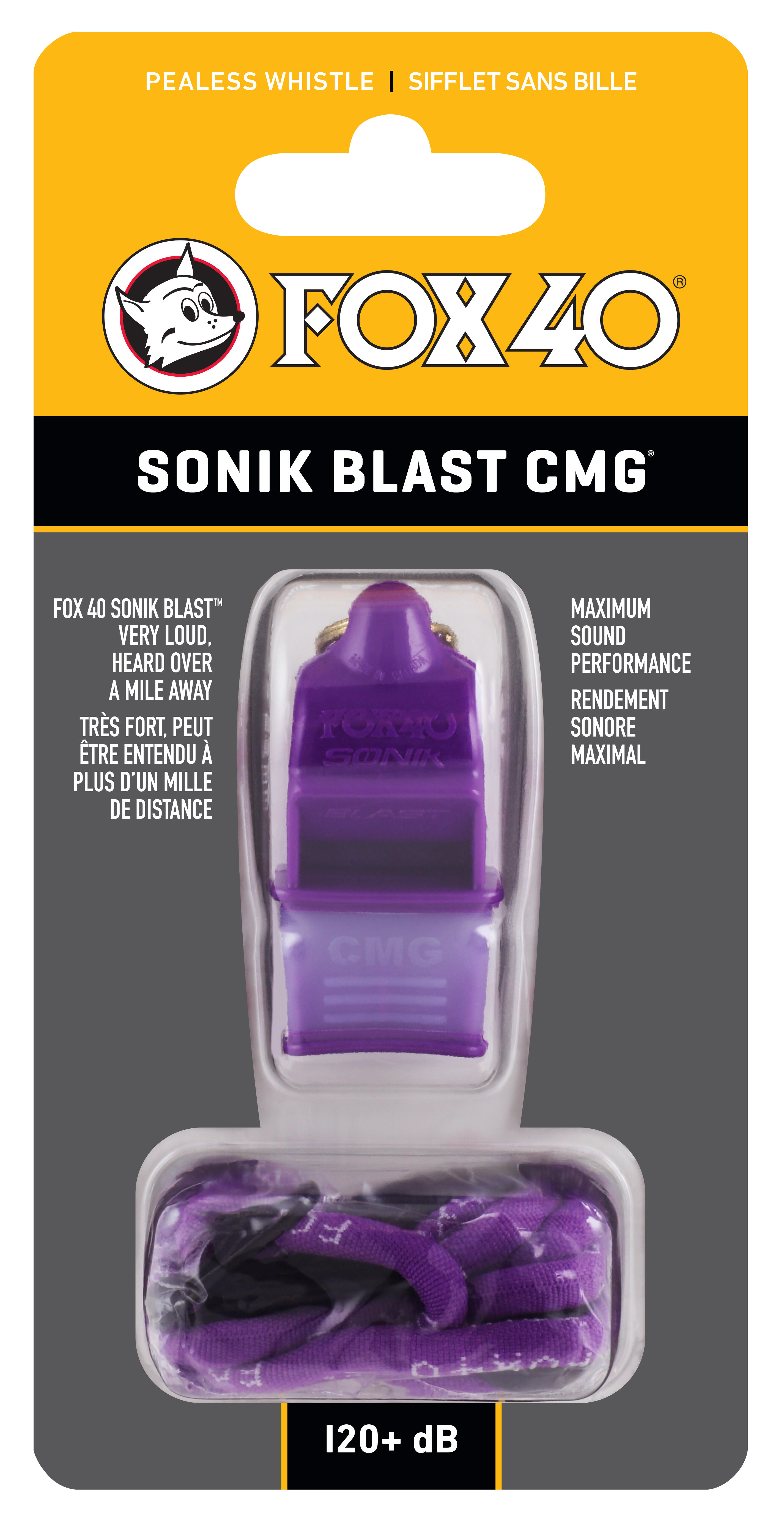 Fluier FOX 40 Sonik CMG cu snur, Violet/Alb 120dB 2/2