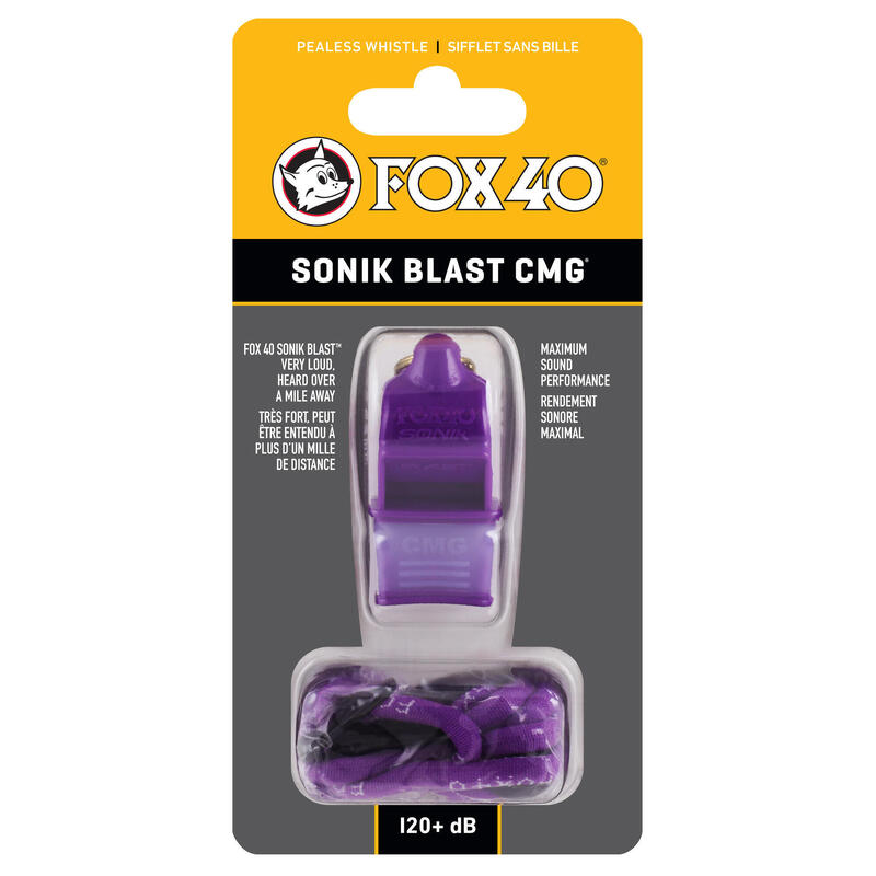Fluier FOX 40 Sonik CMG cu snur, Violet/Alb 120dB
