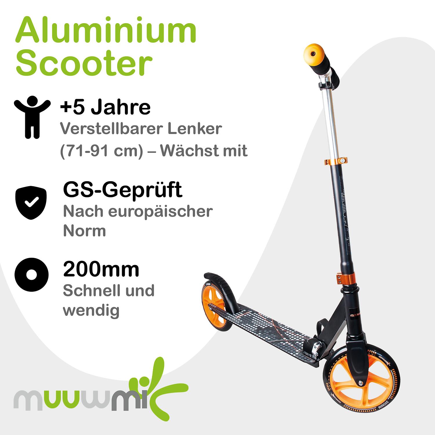 muuwmi Aluminium Scooter 200 mm schwarz-orange 2/7