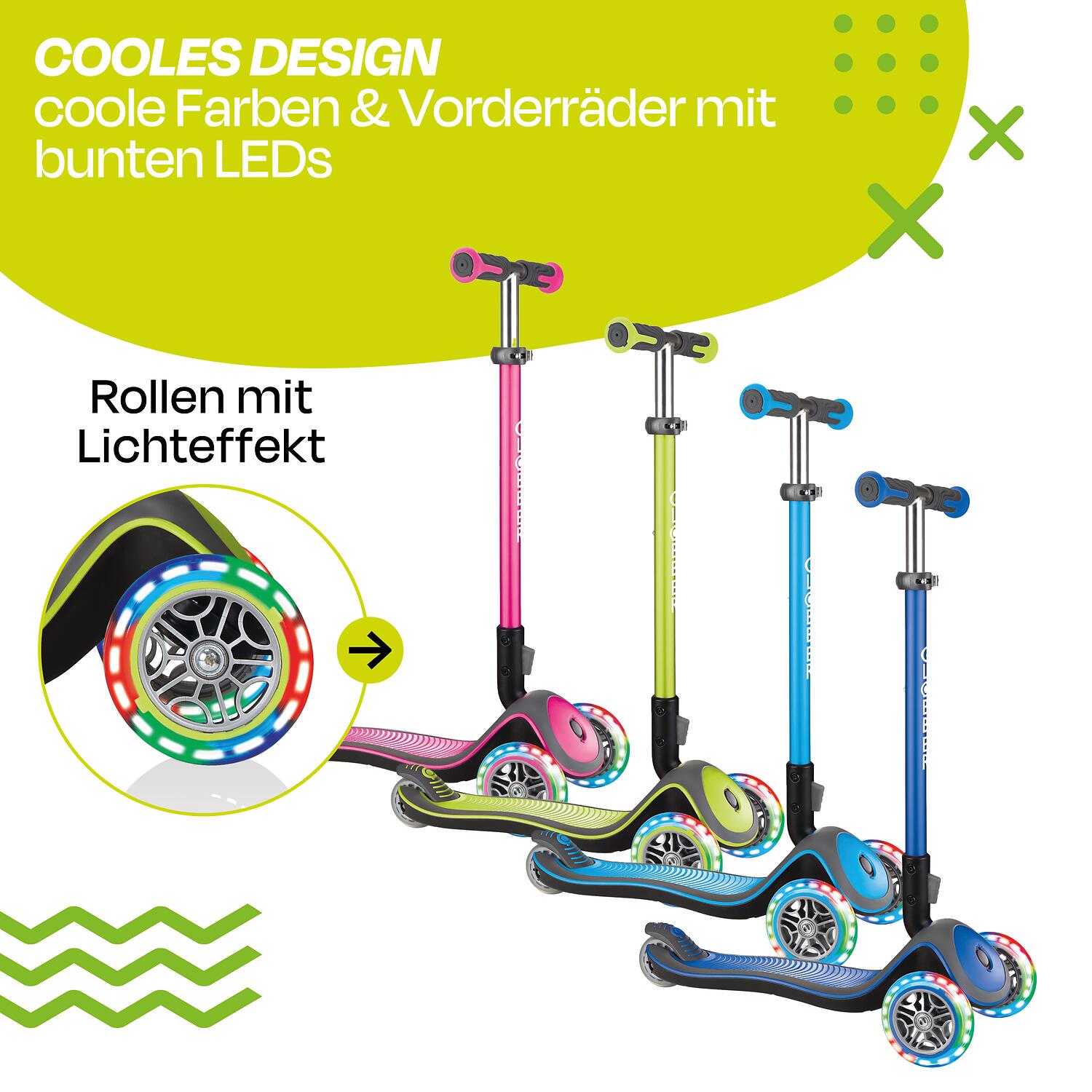 GLOBBER ELITE DELUXE LIGHTS lime grün, mit Leuchtrollen 5/7