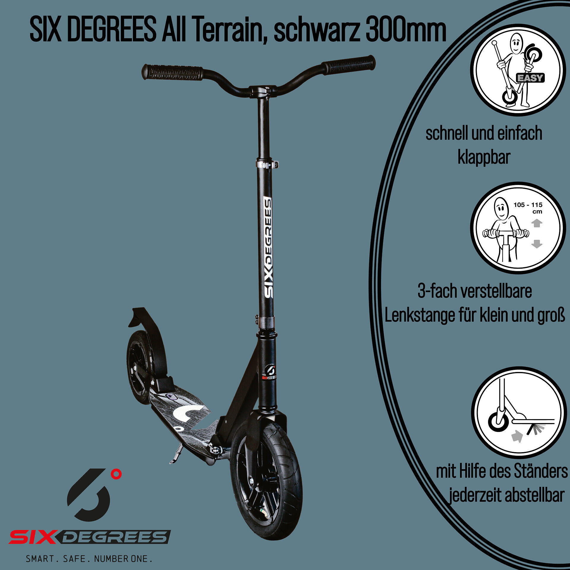 SIX DEGREES Aluminium Scooter All Terrain 300/205 mm schwarz 2/7