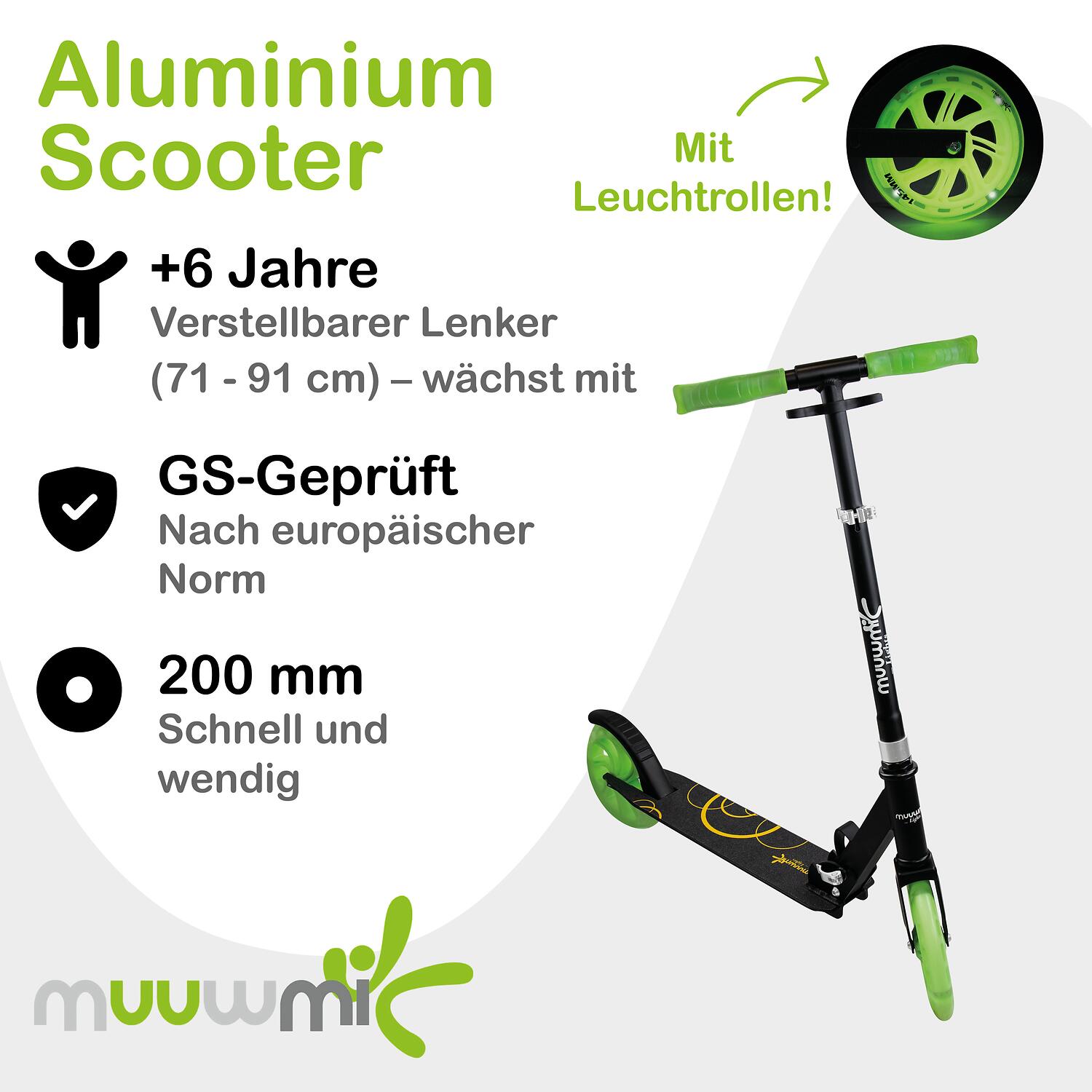 muuwmi Lights Aluminium Scooter GLOW 200 mm, mit Leuchtrollen und Glow-Effekt 2/7