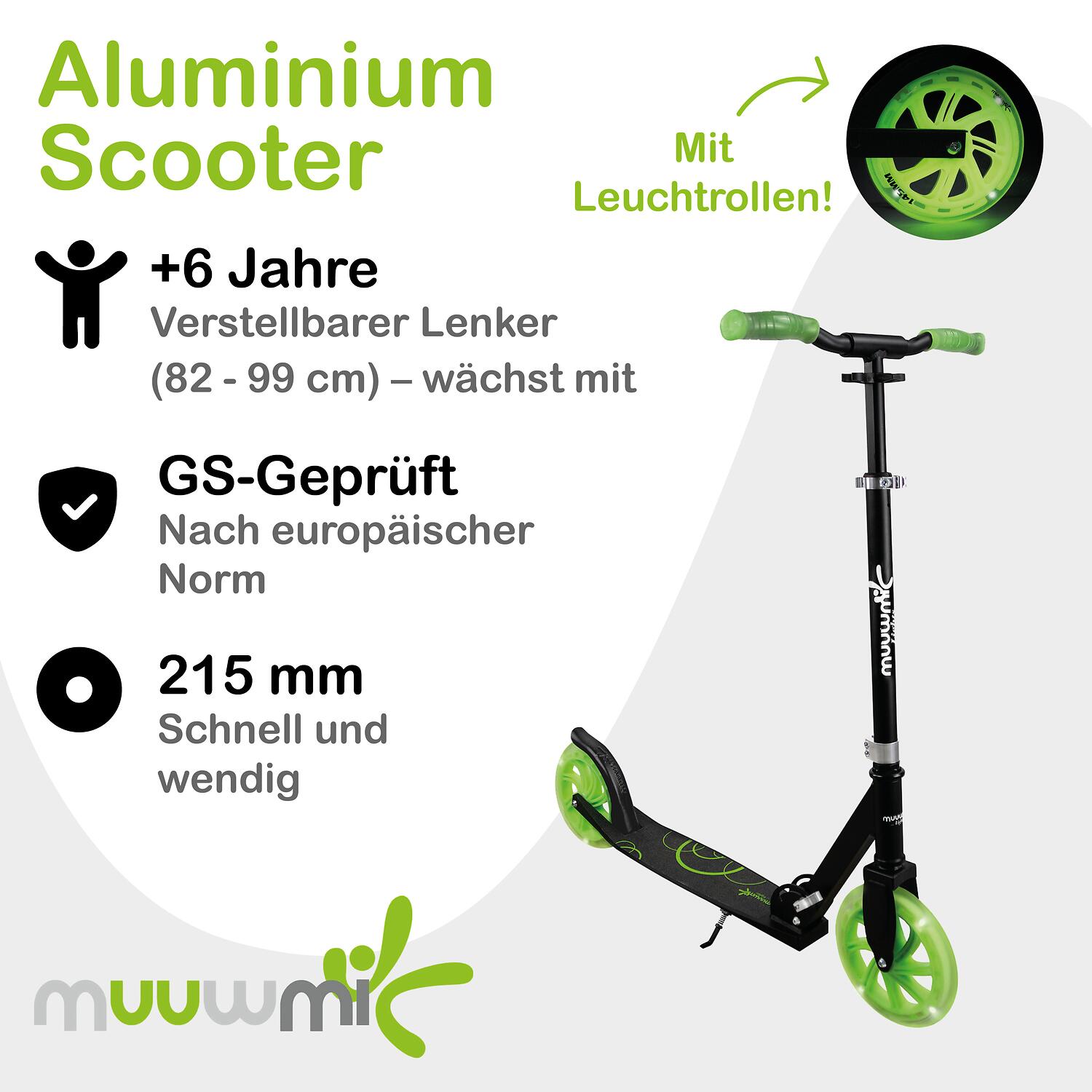 muuwmi Lights Aluminium Scooter GLOW 215 mm, mit Leuchtrollen und Glow-Effekt 2/7