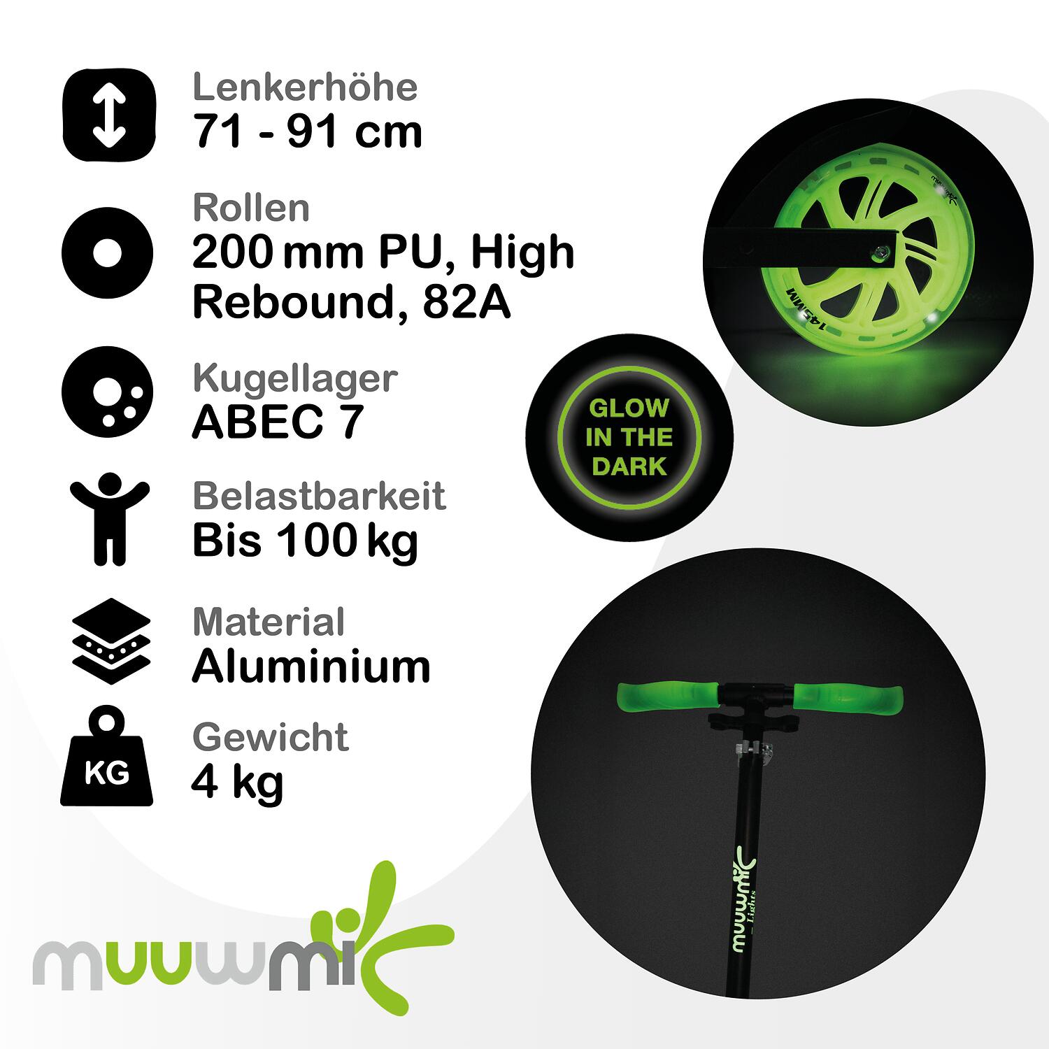 muuwmi Lights Aluminium Scooter GLOW 200 mm, mit Leuchtrollen und Glow-Effekt 5/7