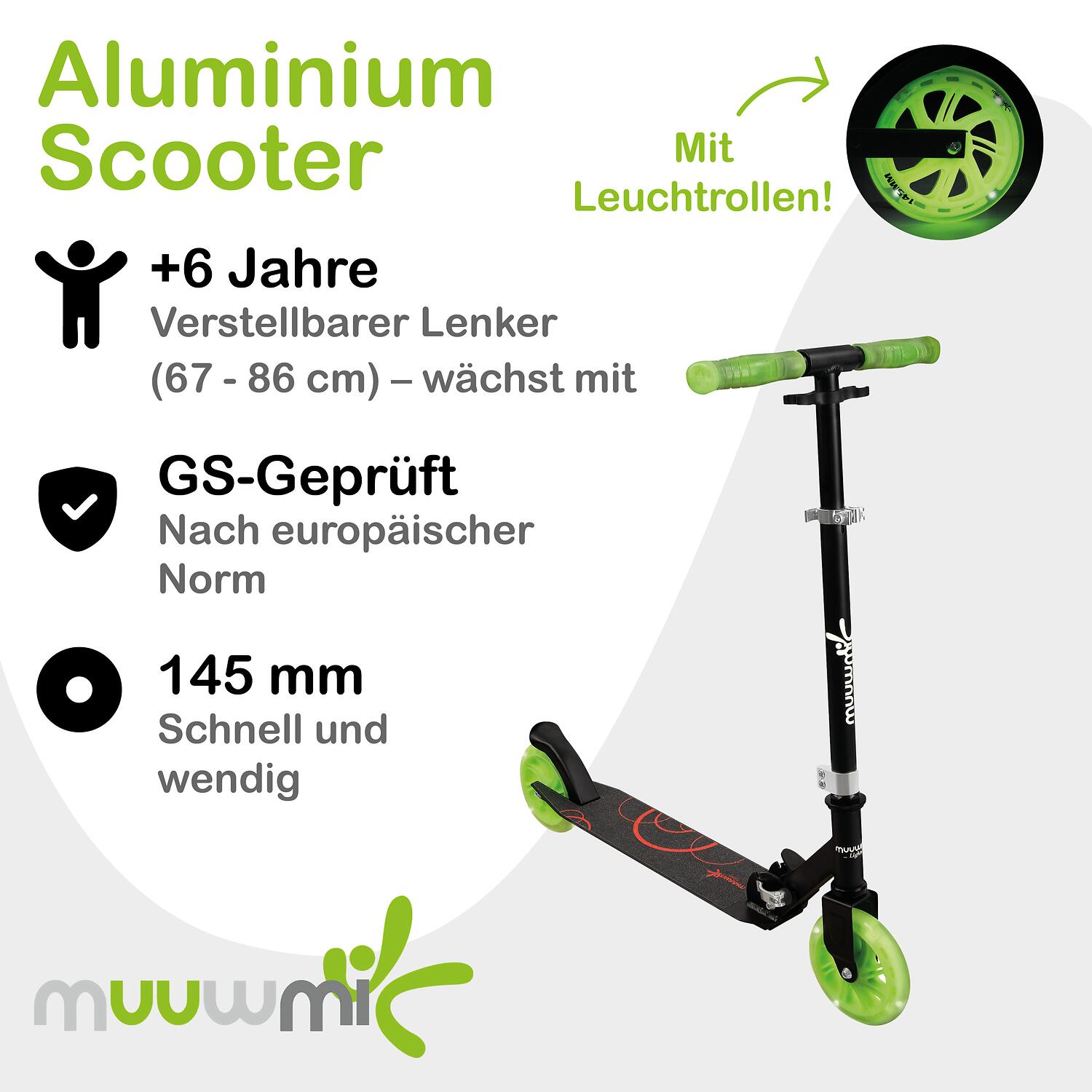 muuwmi Lights Aluminium Scooter GLOW 145 mm, mit Leuchtrollen und Glow-Effekt 2/7