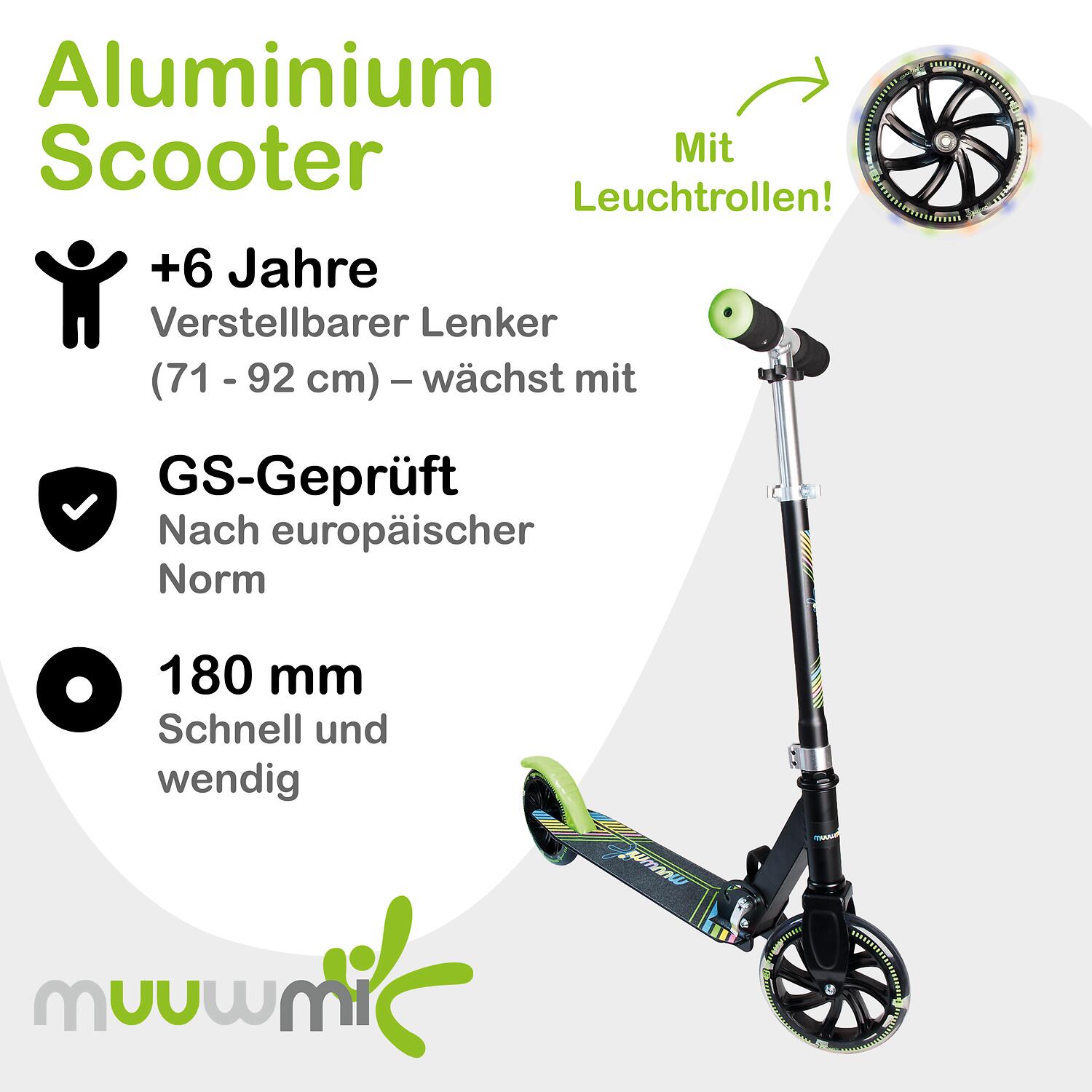 muuwmi Aluminium Scooter Neon 180 mm, mit Leuchtrollen 2/7