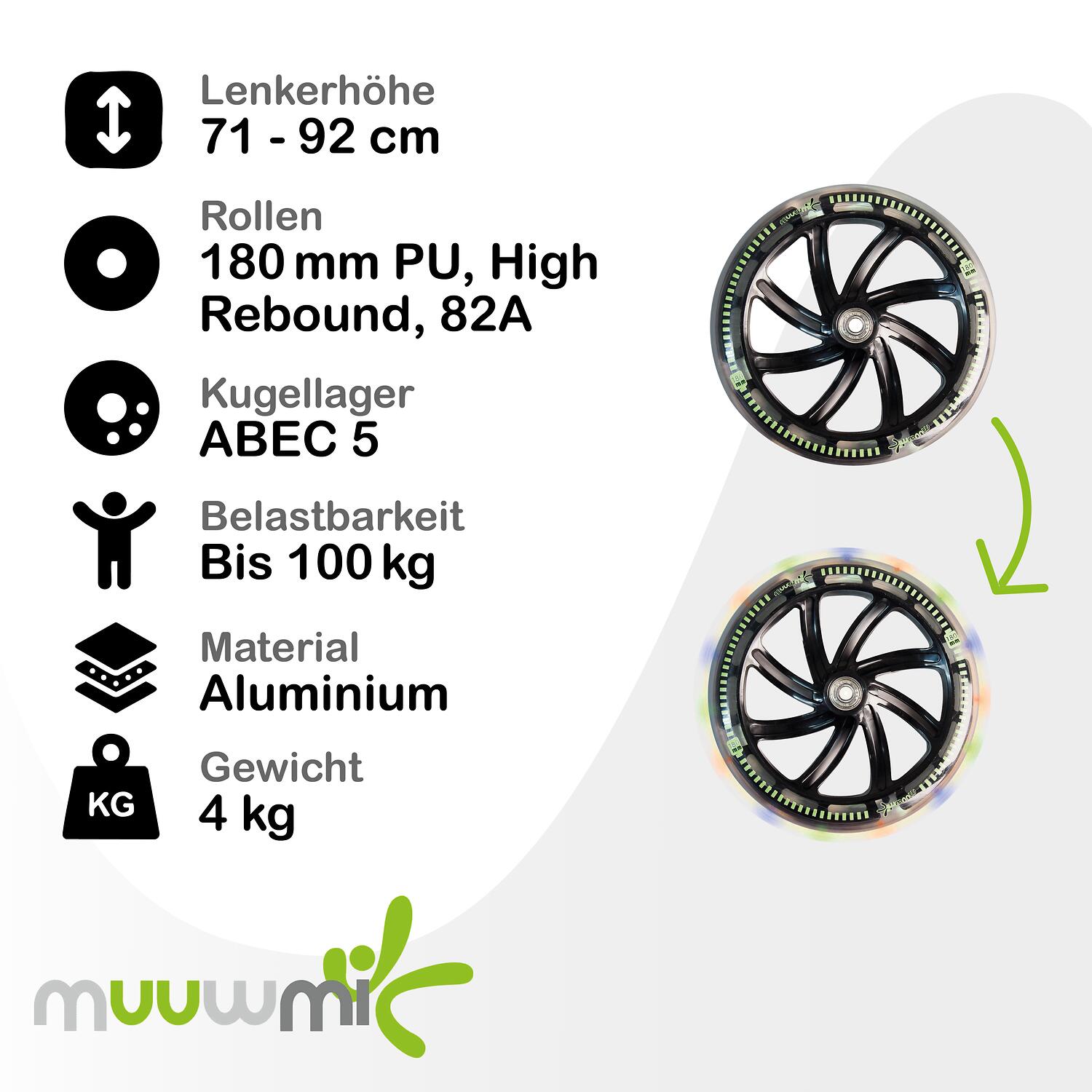 muuwmi Aluminium Scooter Neon 180 mm, mit Leuchtrollen 5/7