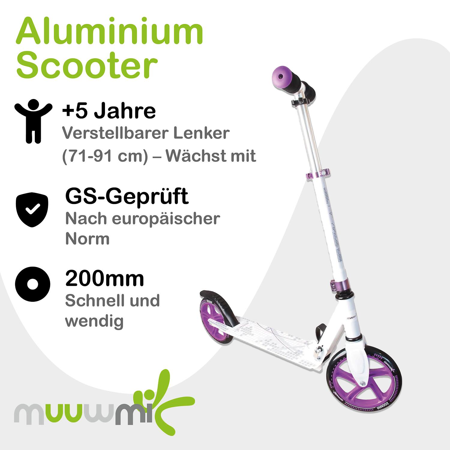 muuwmi Aluminium Scooter 200 mm weiß-lila 2/7