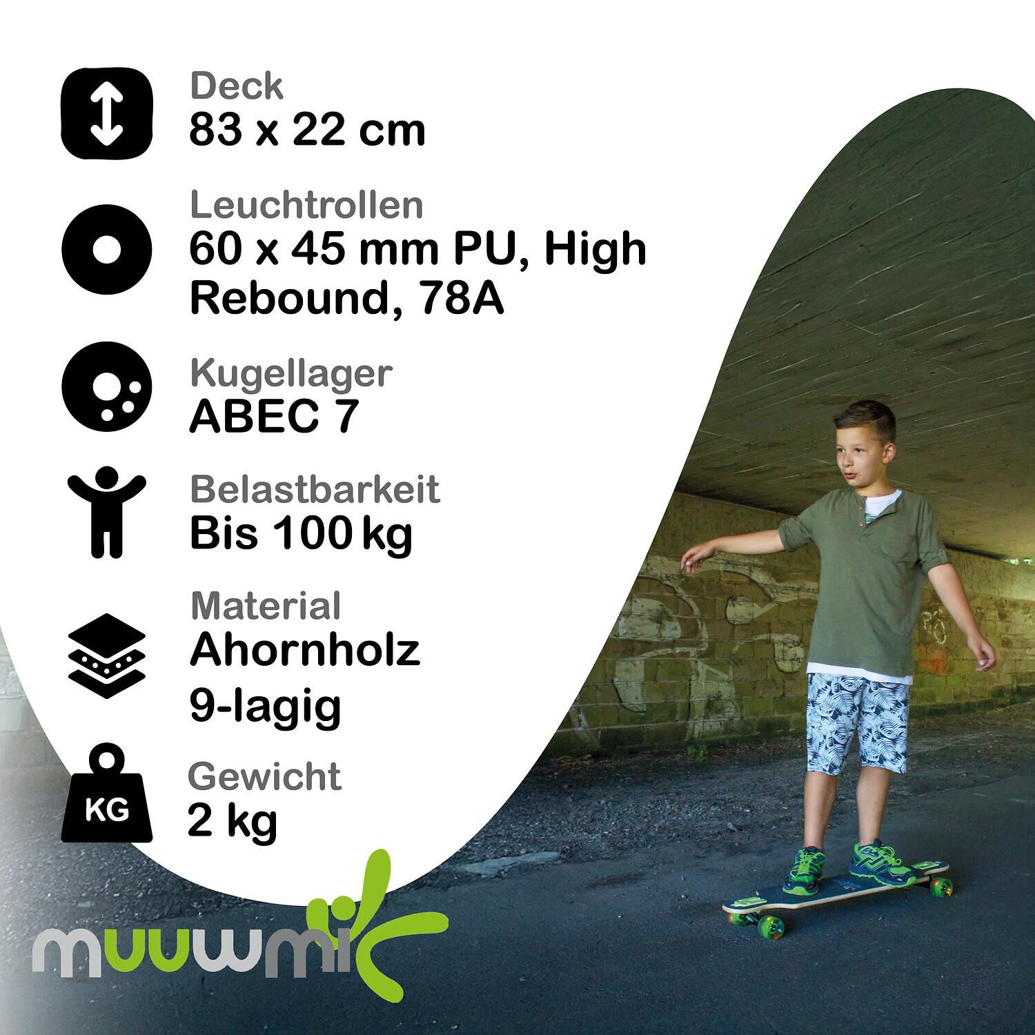 muuwmi Longboard Compact ABEC 7 Space, mit Leuchtrollen 5/6