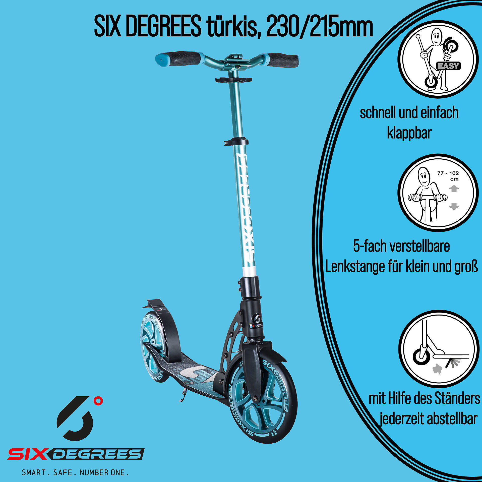 SIX DEGREES Aluminium Scooter 230/215 mm türkis 2/7