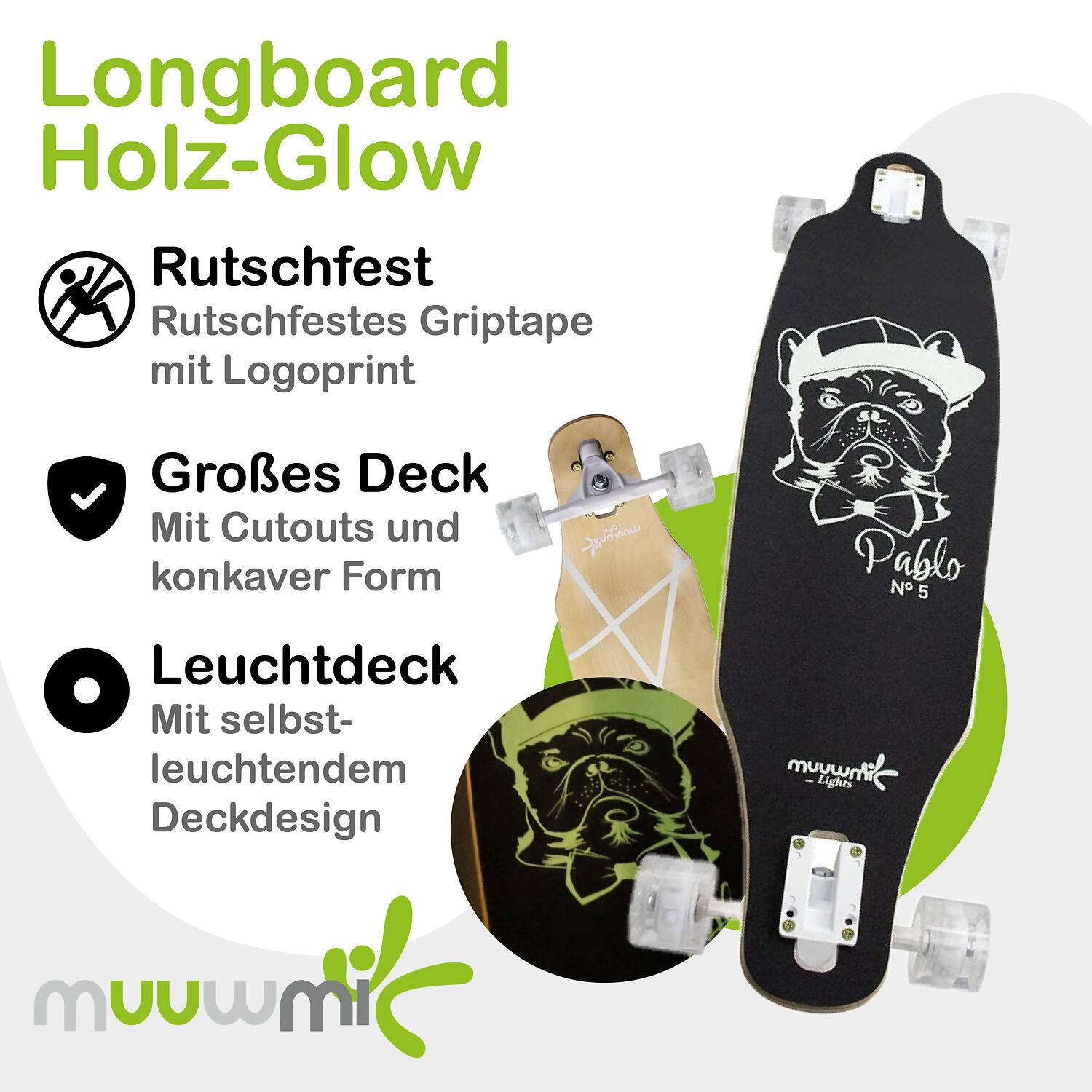 muuwmi Lights Longboard GLOW ABEC 7 Pablo, mit Leuchtrollen und Glow-Effekt 2/7