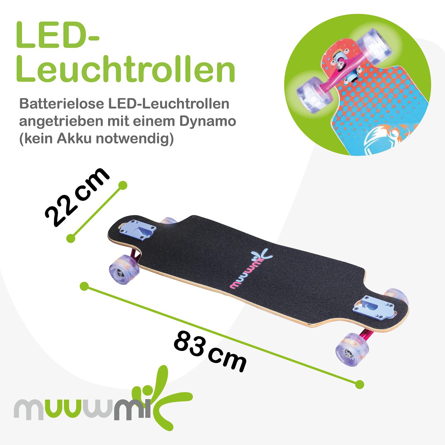 muuwmi Longboard Compact ABEC 7 Space, mit Leuchtrollen 4/6