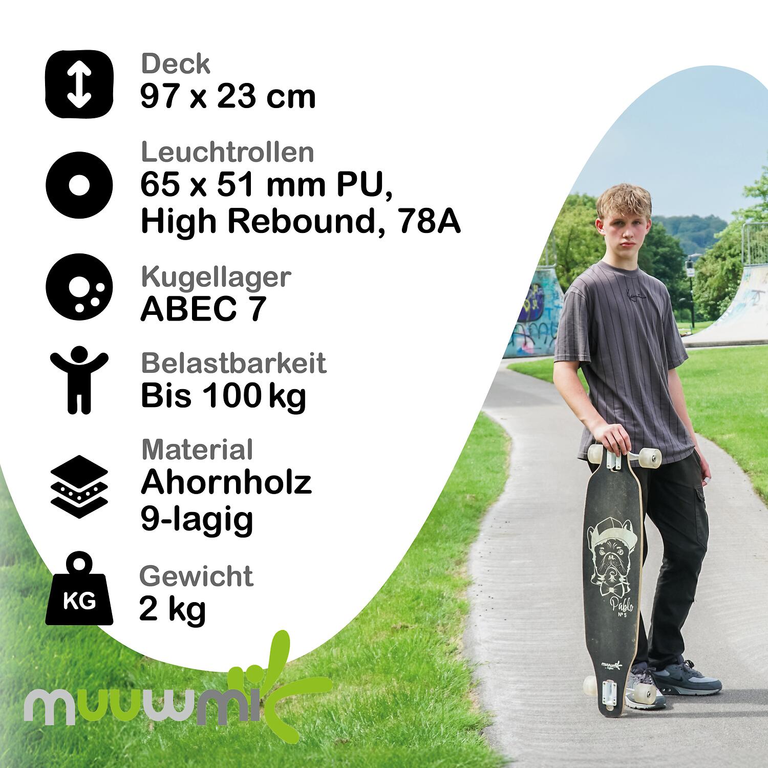 muuwmi Lights Longboard GLOW ABEC 7 Pablo, mit Leuchtrollen und Glow-Effekt 5/7