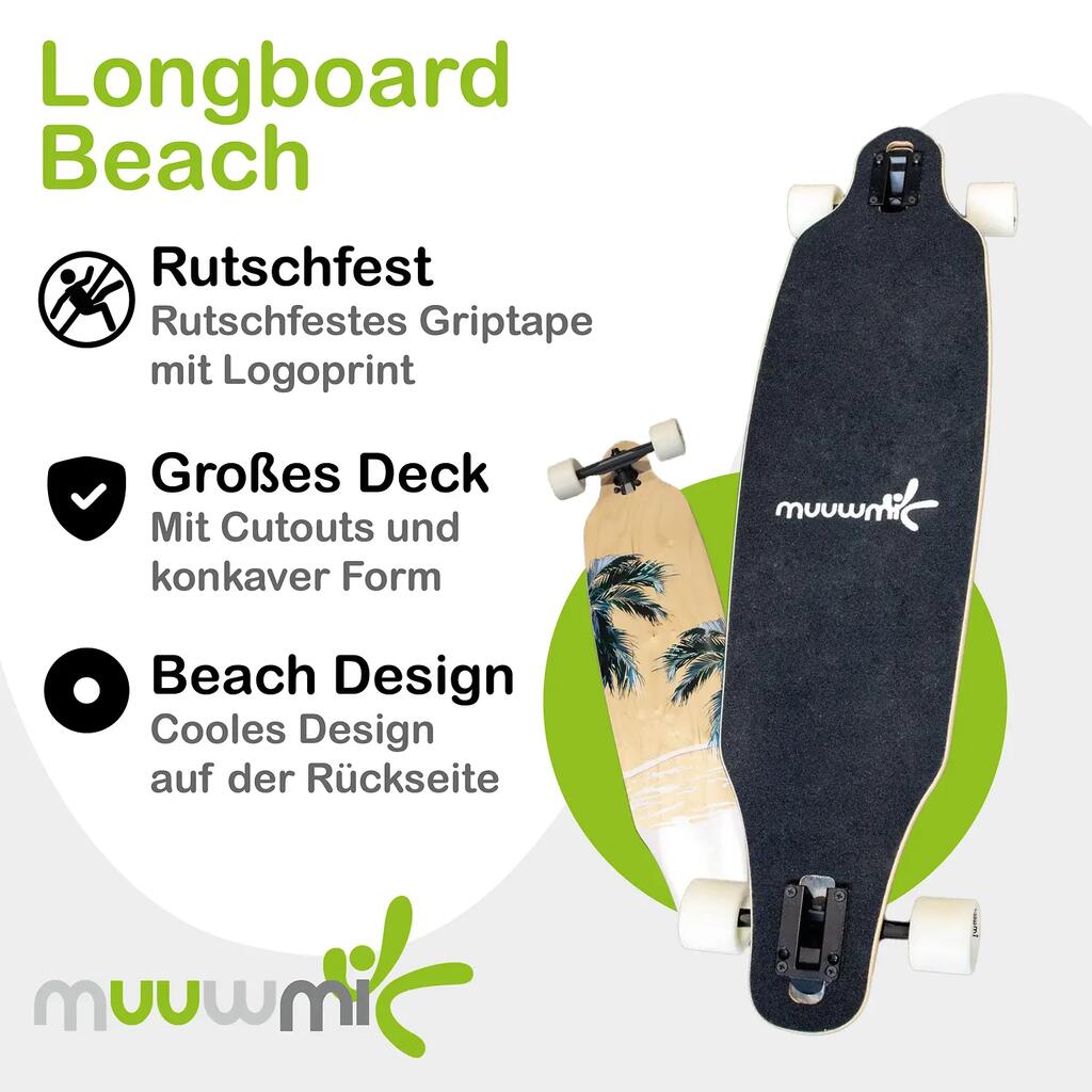 muuwmi Longboard - ABEC 7 Ball Bearings, Beach Design, for Kids and Adults