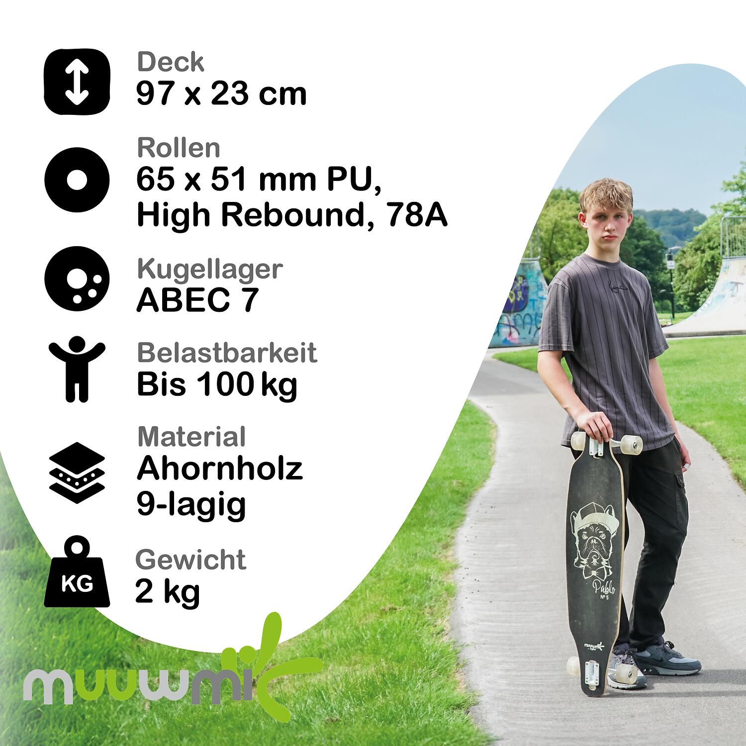 muuwmi Longboard ABEC 7 Wood 5/6
