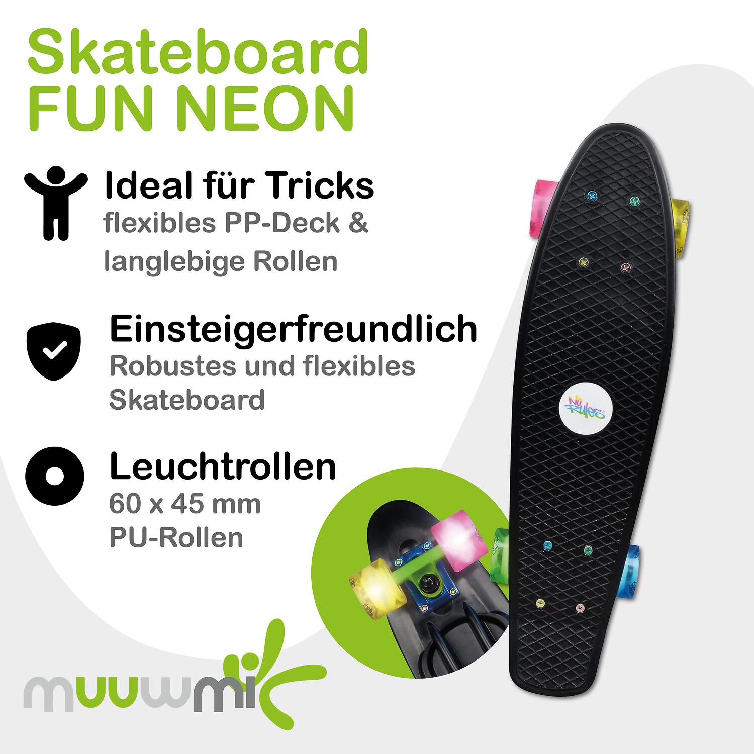 NoRules Skateboard ABEC 5 Fun Neon, mit Leuchtrollen 2/7