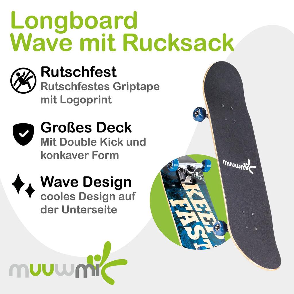 muuwmi Skateboard - ABEC 5 Ball Bearing, Wave Design, with backpack