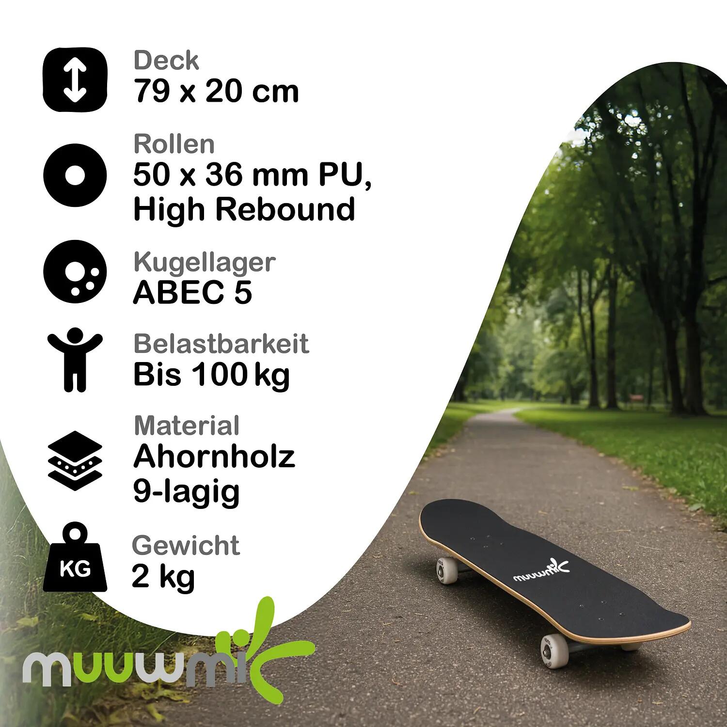 muuwmi Skateboard - ABEC 5 Ball Bearing, Wave Design, with backpack 5/11