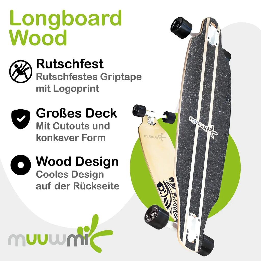 muuwmi Longboard - ABEC 7 Ball Bearings, Wood Design