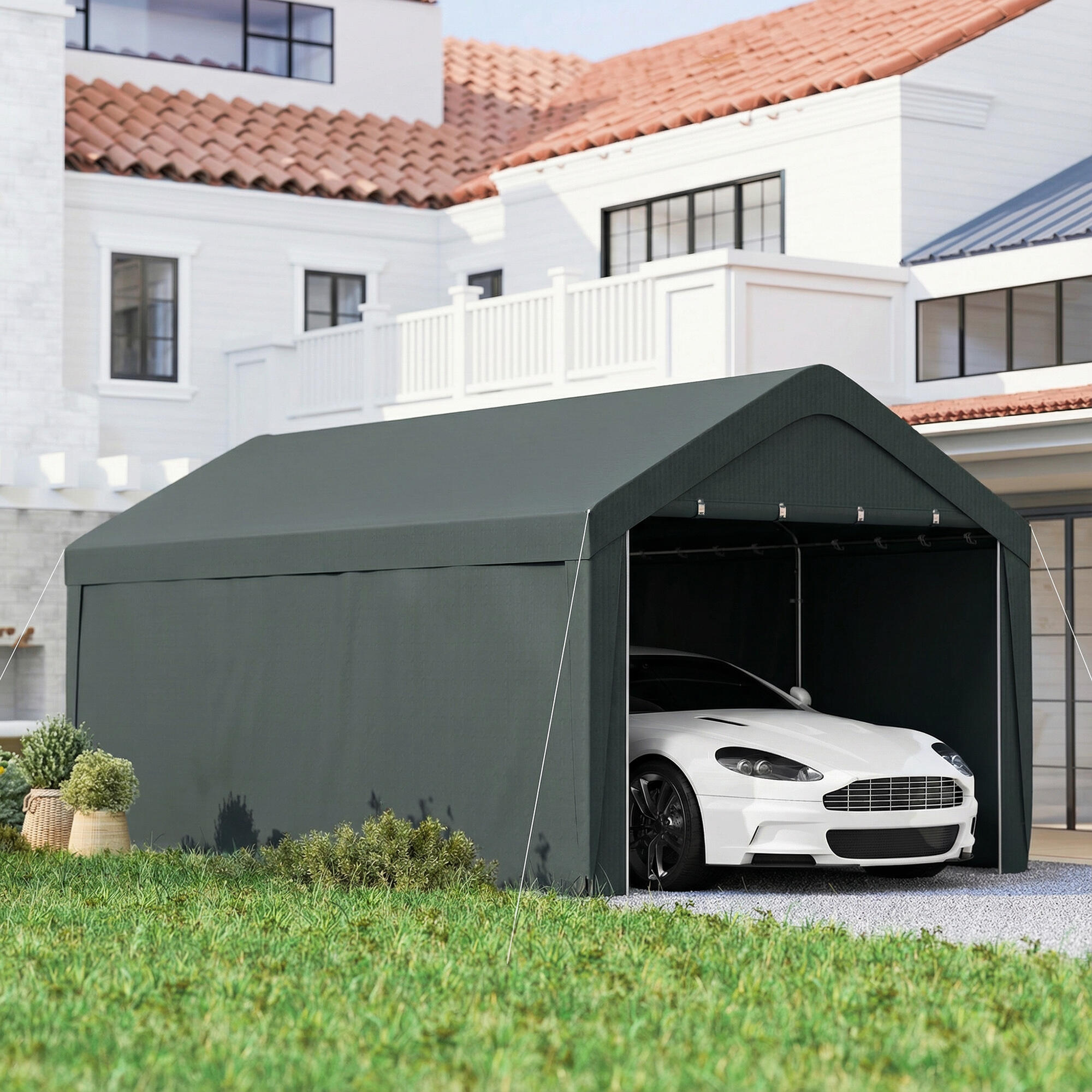 Abrigo de exterior 590x300x280 cm cinzento escuro Outsunny 2/5