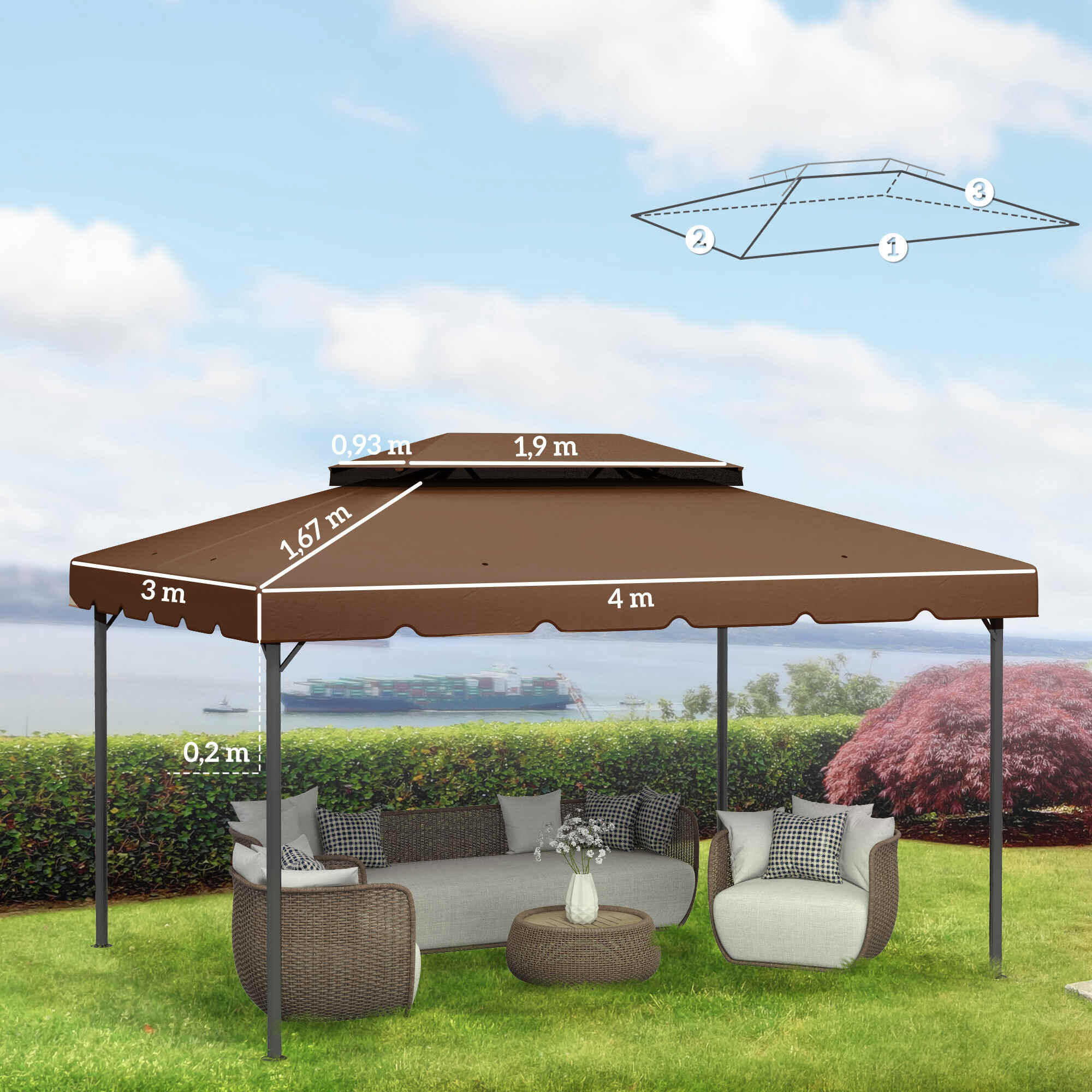 Techo de Repuesto Outsunny 400x300 cm Café 3/5